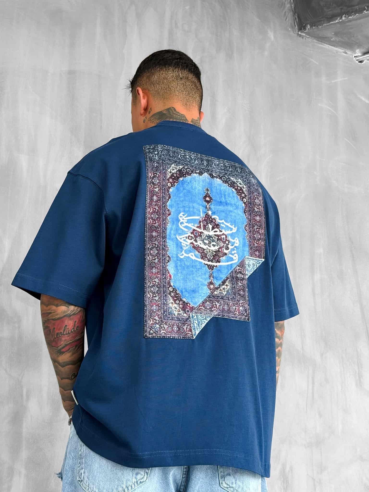 Erkek Sırtı Yamalı Oversize T-Shirt Lacivert