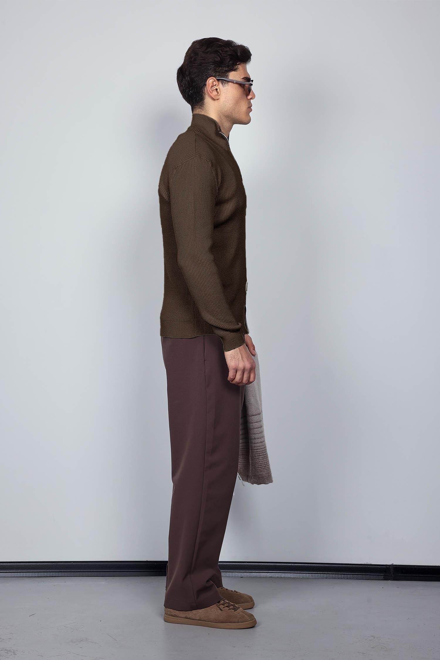 Erkek Slim Fit Dik Yaka Fermuarlı Hırka Kahverengi