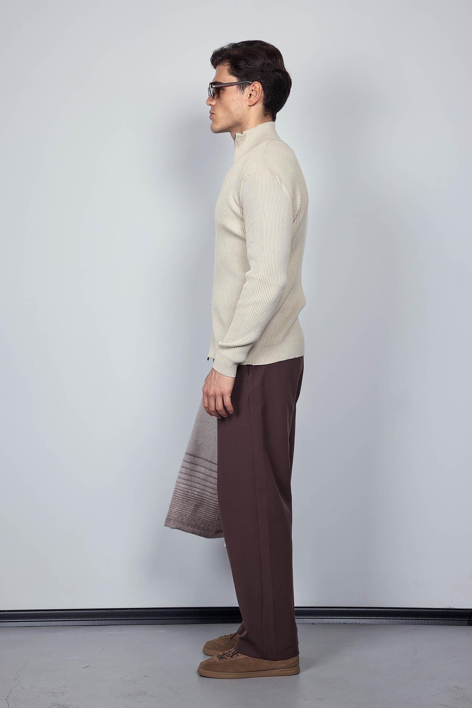 Erkek Slim Fit Dik Yaka Fermuarlı Hırka Bej