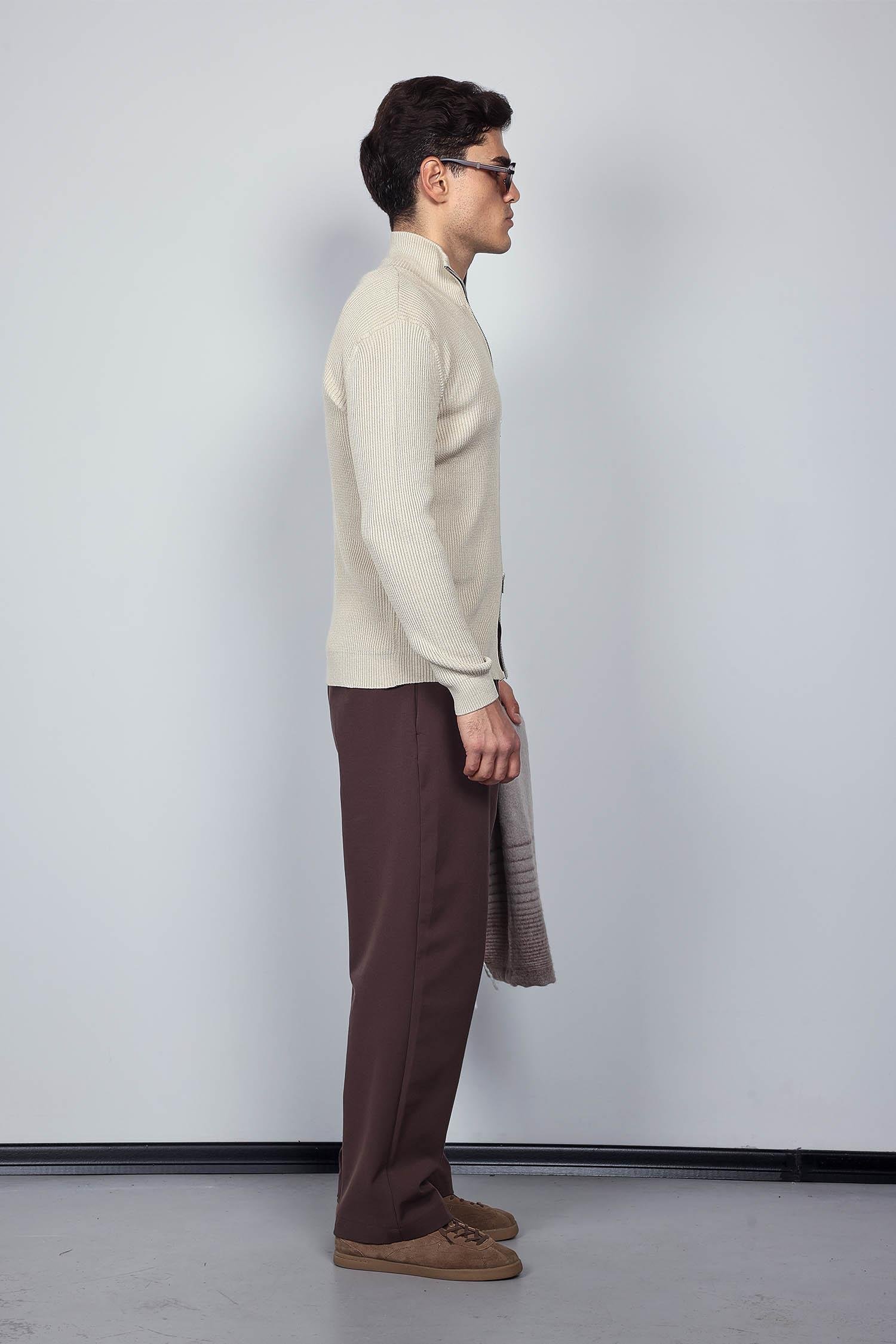 Erkek Slim Fit Dik Yaka Fermuarlı Hırka Bej