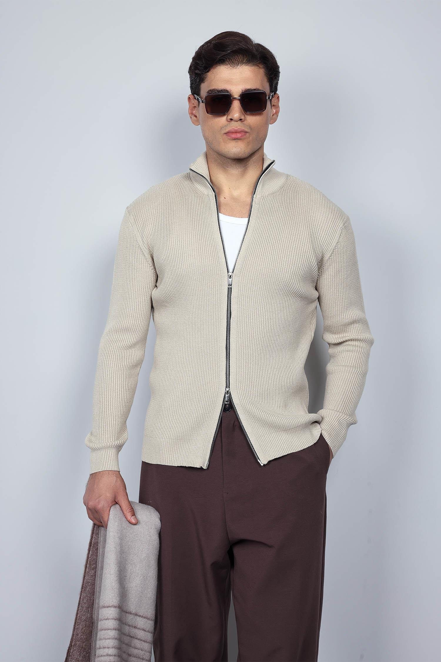 Erkek Slim Fit Dik Yaka Fermuarlı Hırka Bej