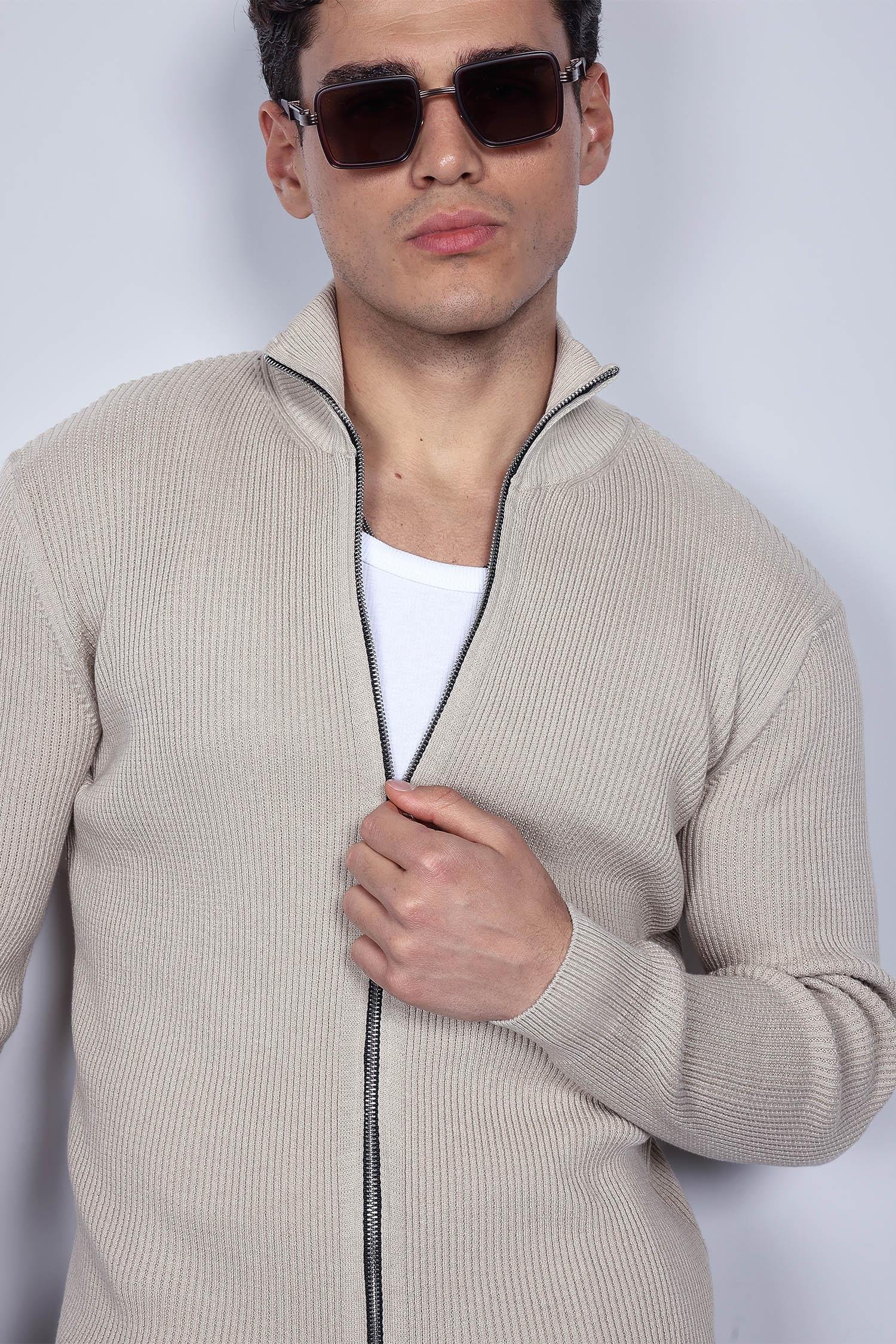 Erkek Slim Fit Dik Yaka Fermuarlı Hırka Bej
