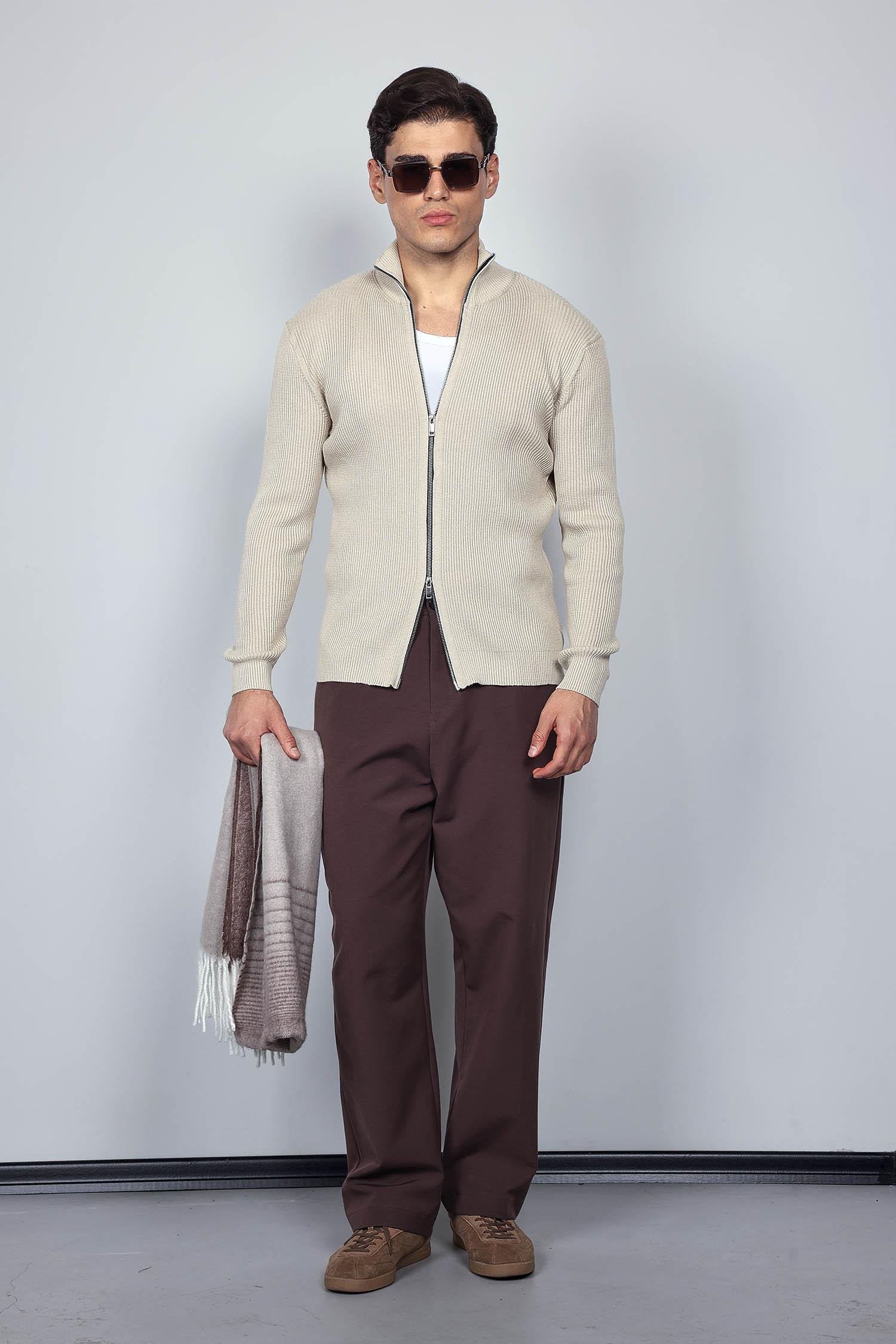 Erkek Slim Fit Dik Yaka Fermuarlı Hırka Bej