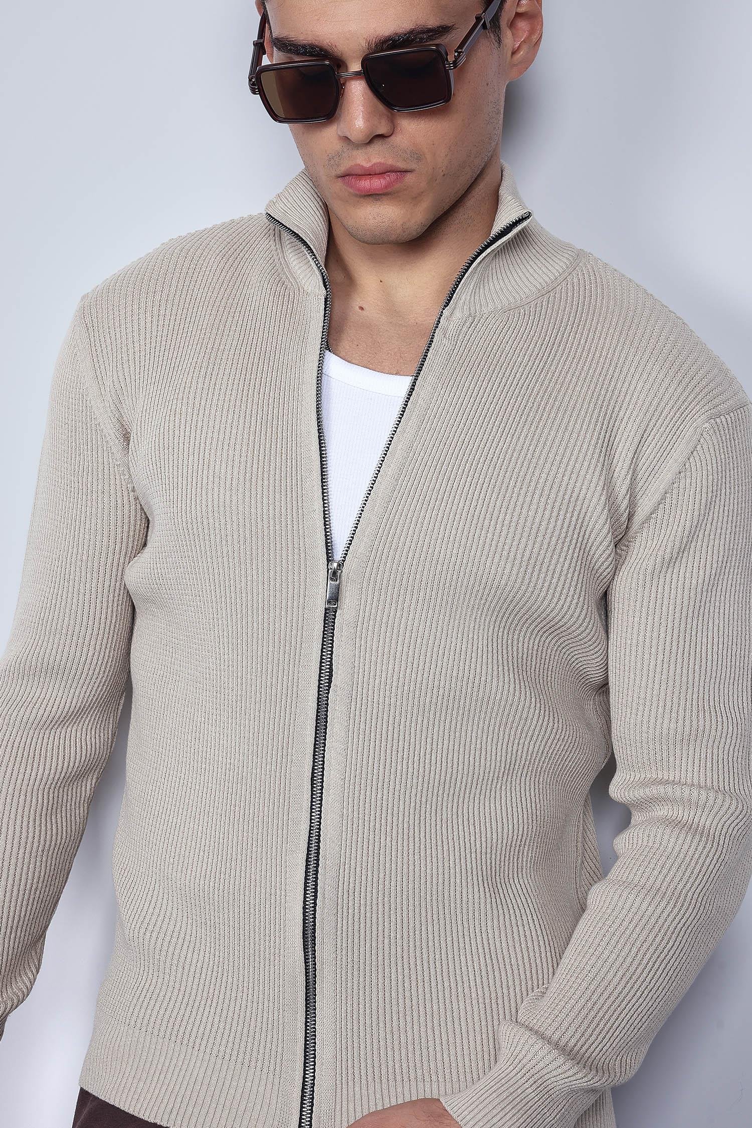 Erkek Slim Fit Dik Yaka Fermuarlı Hırka Bej