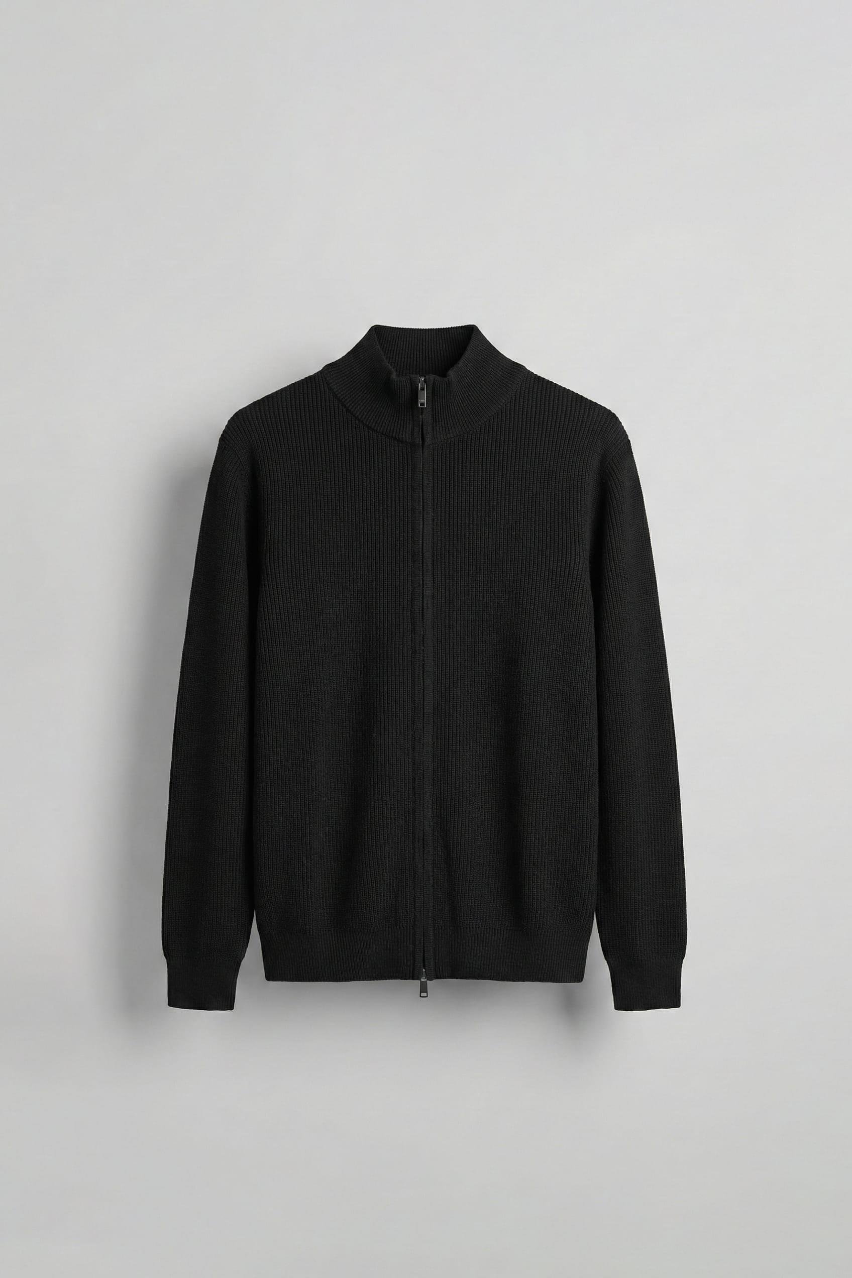 Erkek Slim Fit Fermuarlı Dik Yaka Fitilli Triko Hırka Siyah