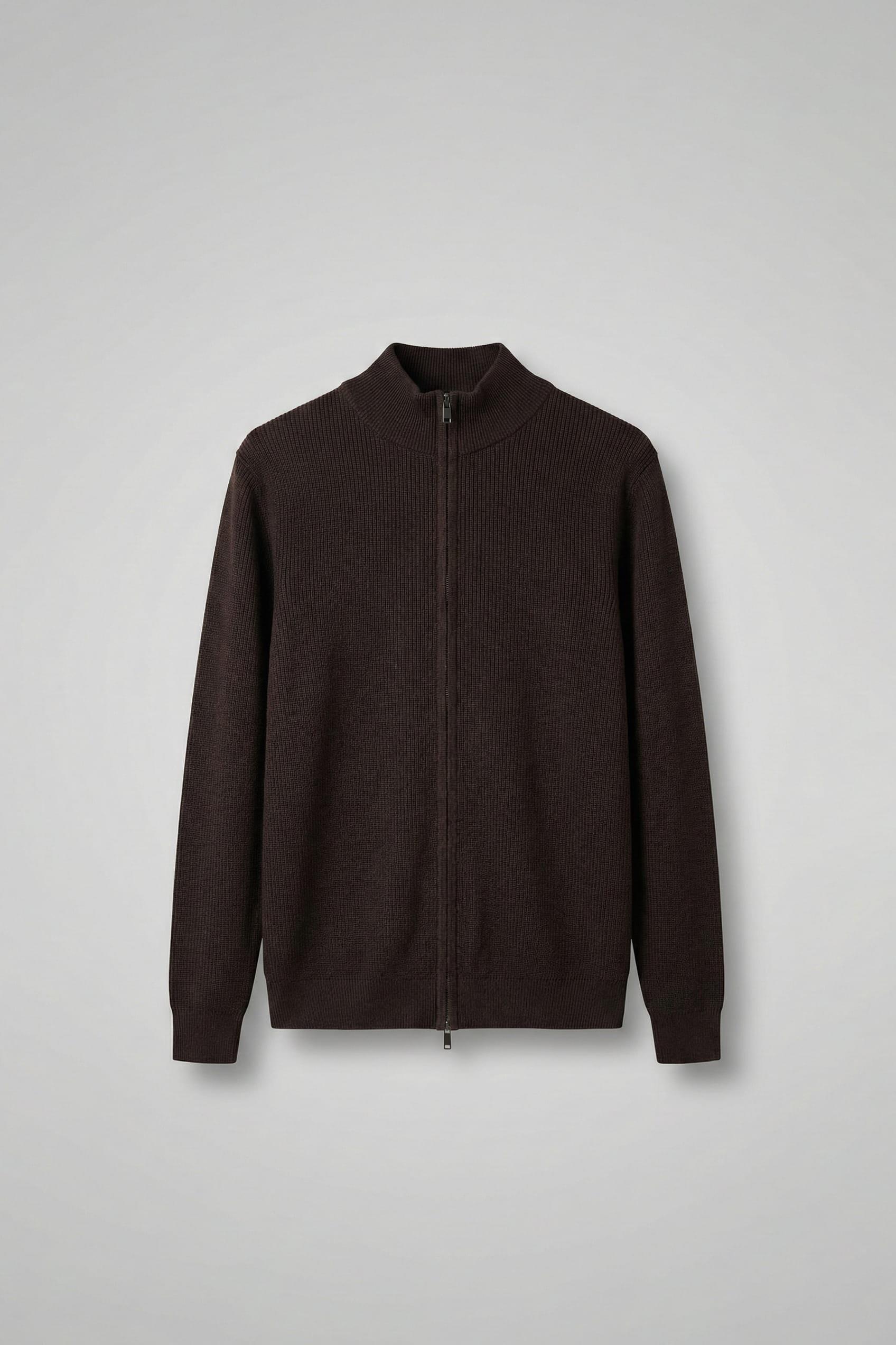 Erkek Slim Fit Fermuarlı Dik Yaka Fitilli Triko Hırka Kahverengi