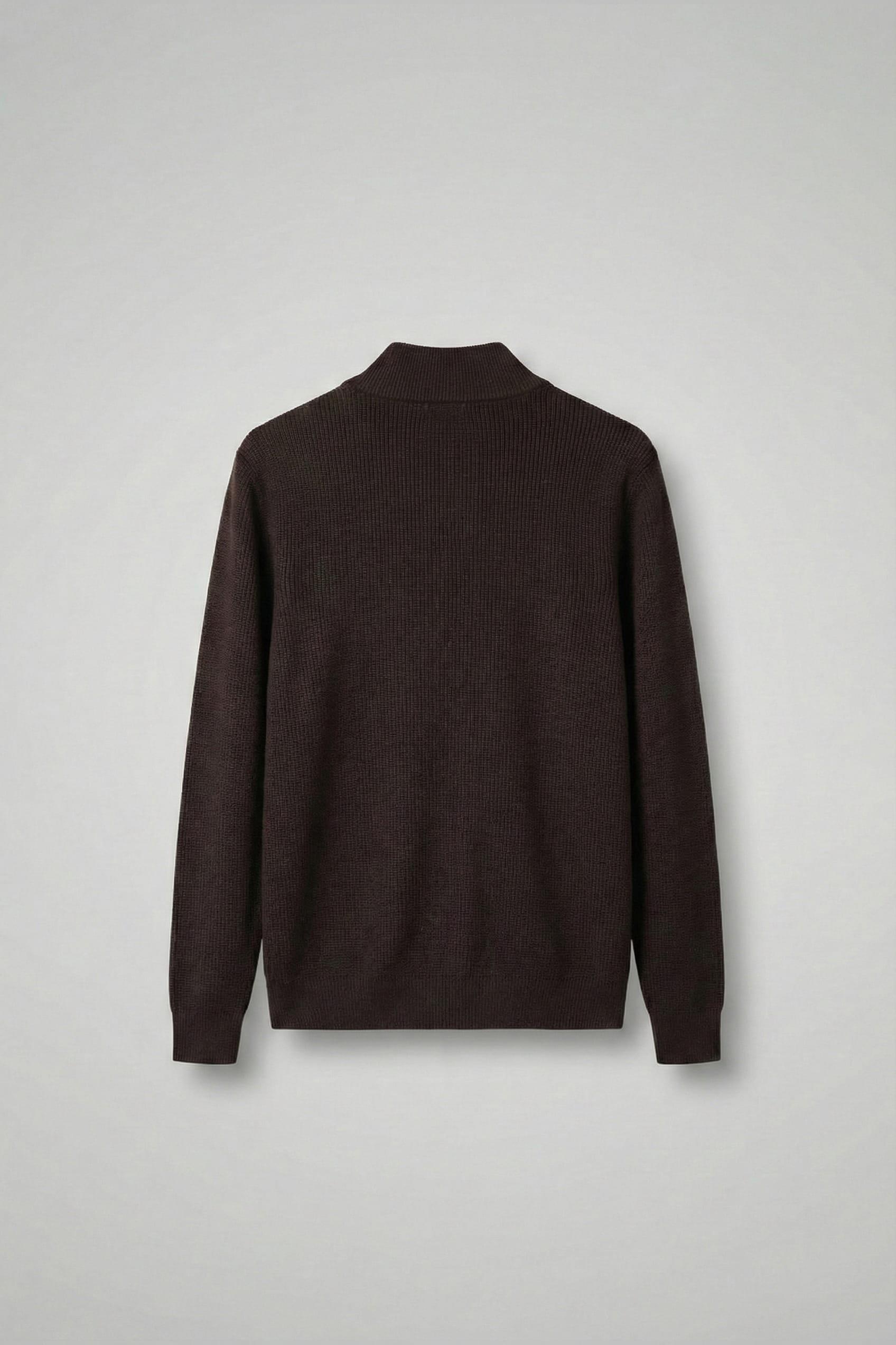 Erkek Slim Fit Fermuarlı Dik Yaka Fitilli Triko Hırka Kahverengi