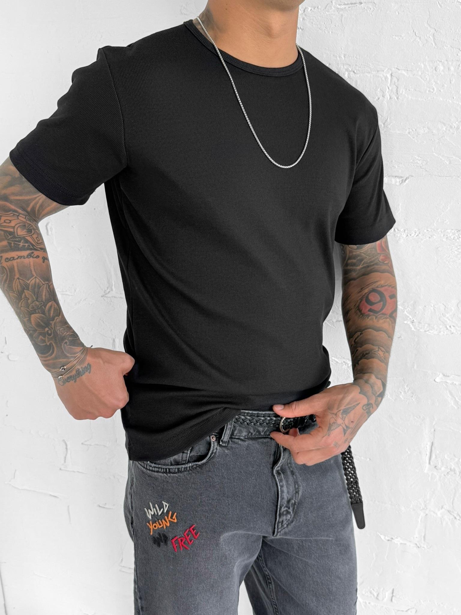 Erkek Slim Fit Fitilli Basic Esnek T-Shirt Siyah