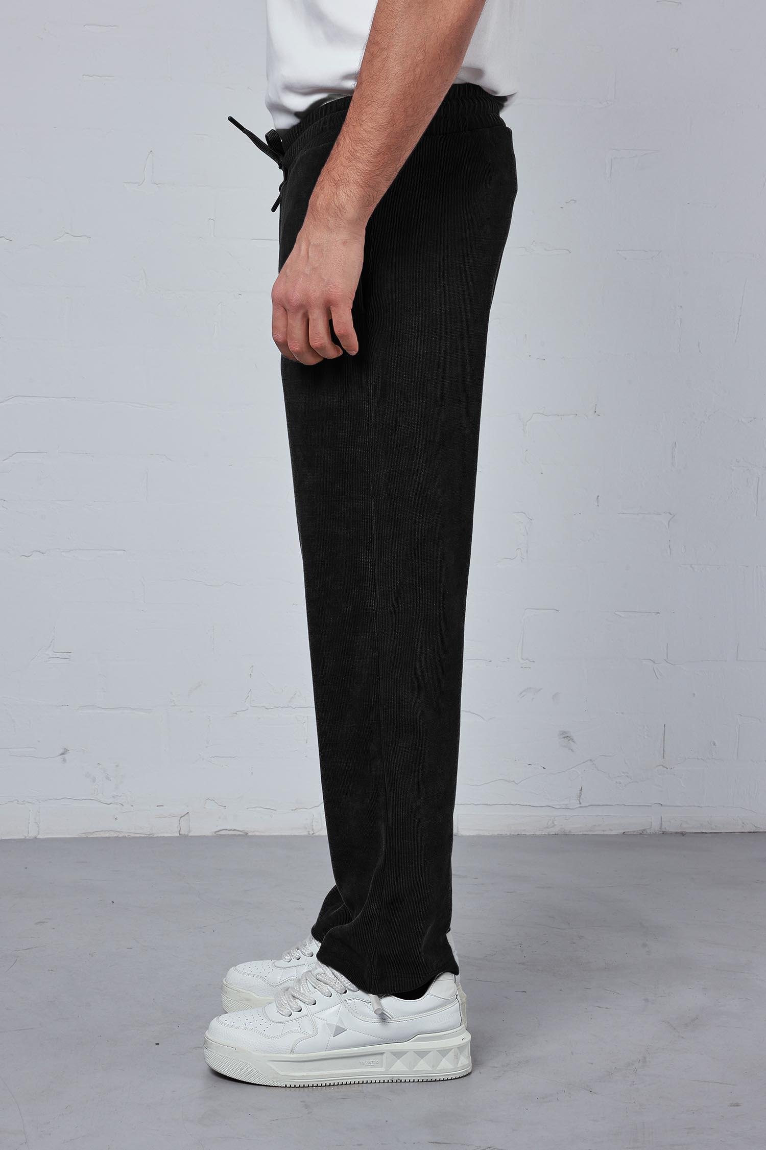 Erkek Slim Fit Fitilli Beli Lastikli Pantolon Siyah