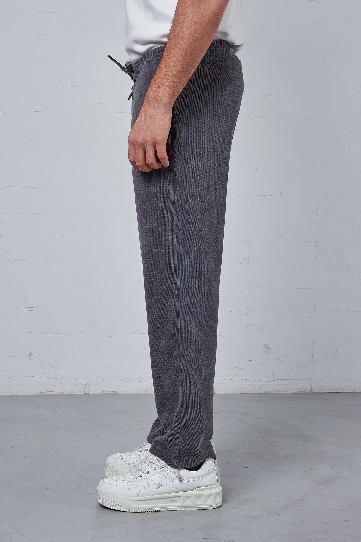 Erkek Slim Fit Fitilli Beli Lastikli Pantolon Füme