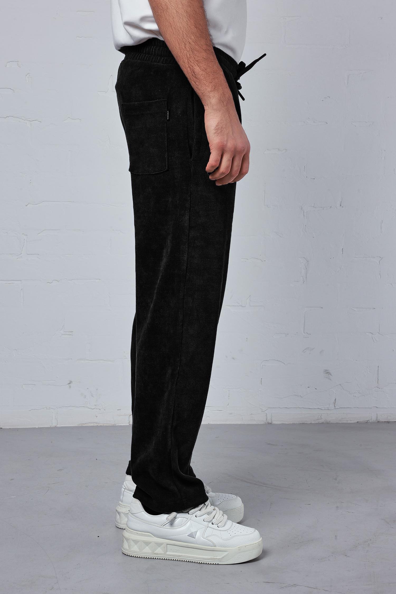 Erkek Slim Fit Fitilli Beli Lastikli Pantolon Siyah