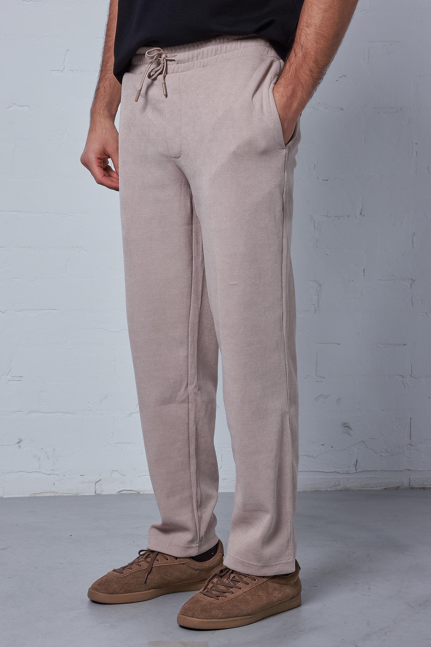 Erkek Slim Fit Fitilli Beli Lastikli Pantolon Bej