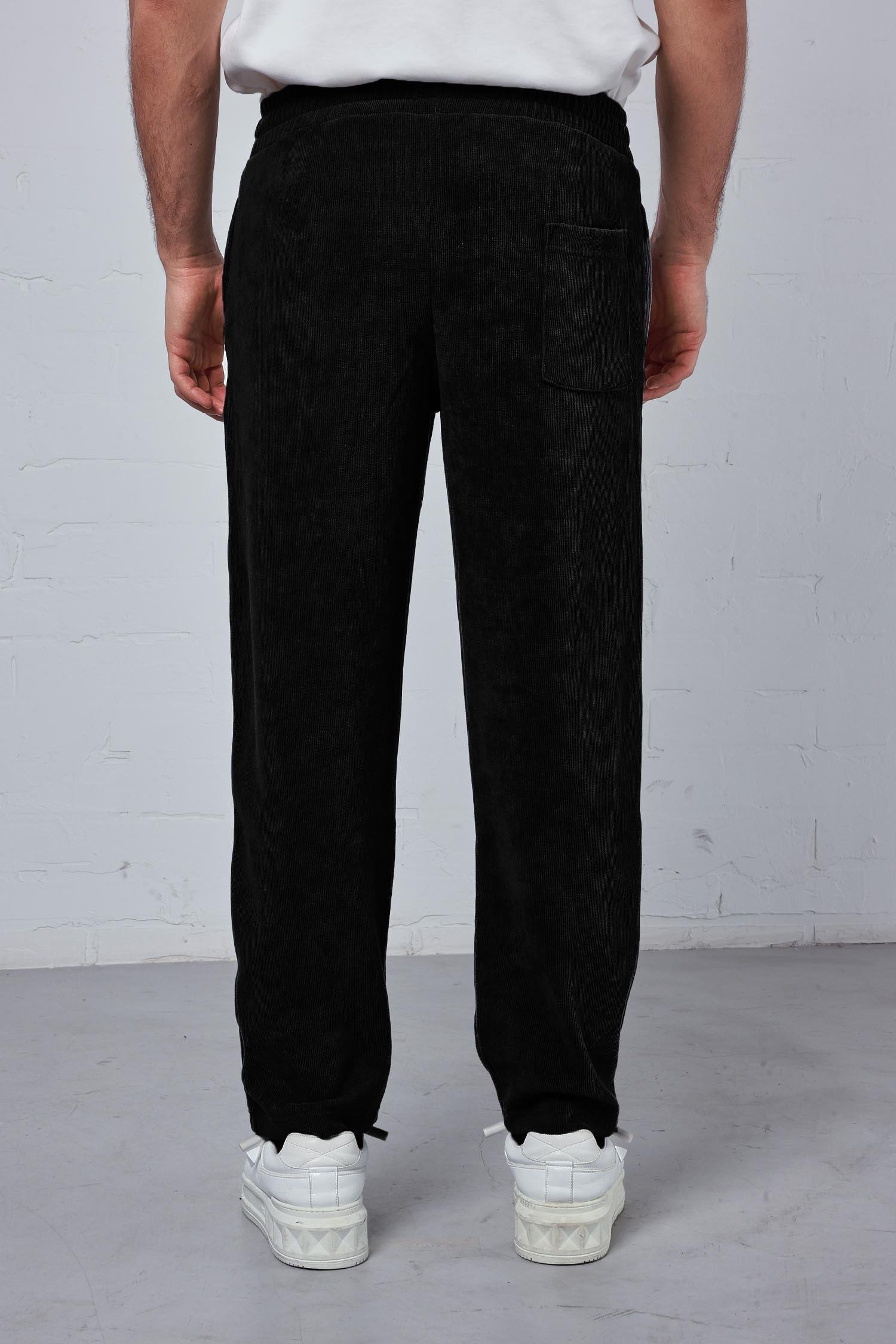 Erkek Slim Fit Fitilli Beli Lastikli Pantolon Siyah