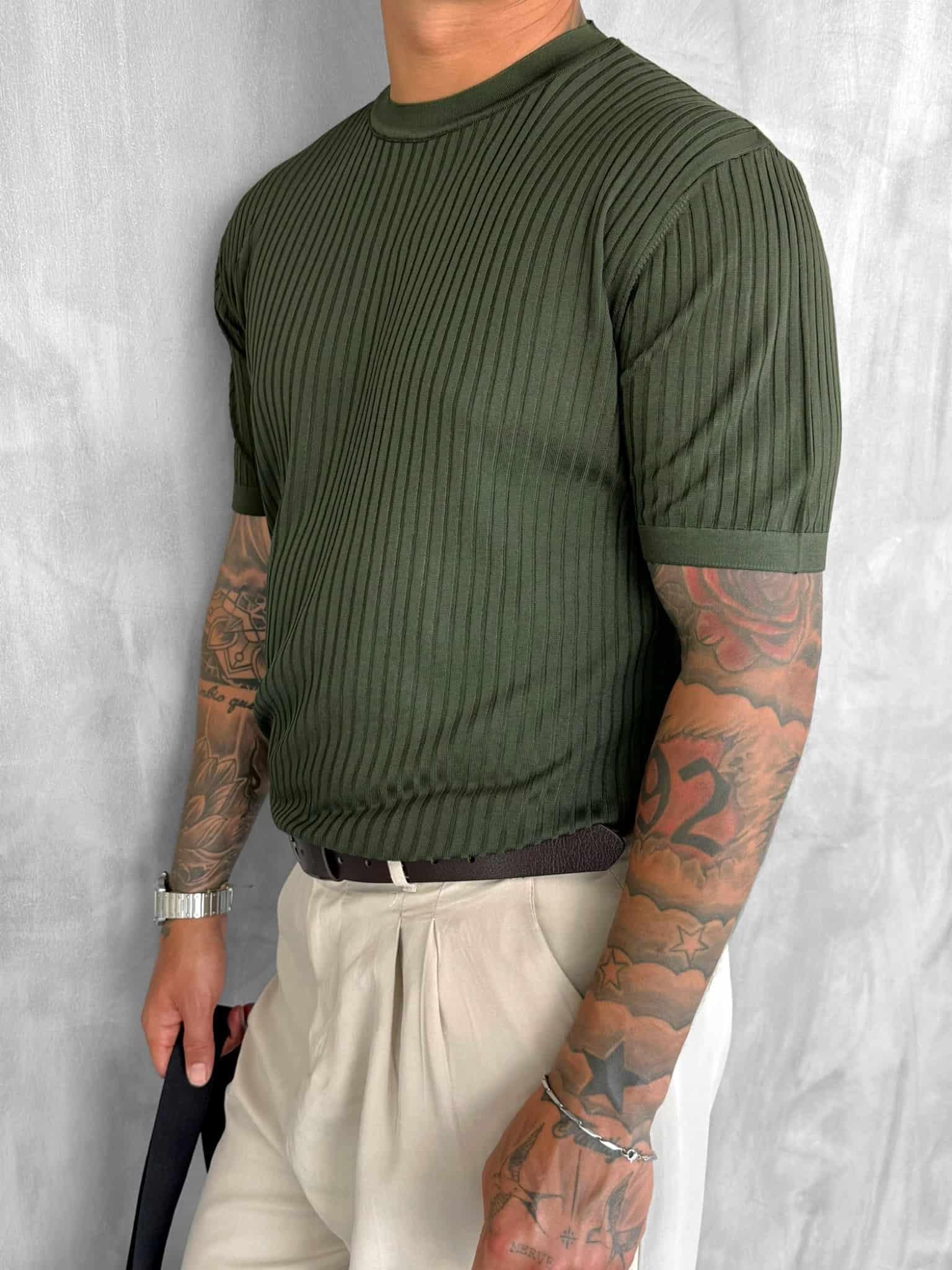 Erkek Slim Fit Fitilli T-Shirt Haki Yeşil