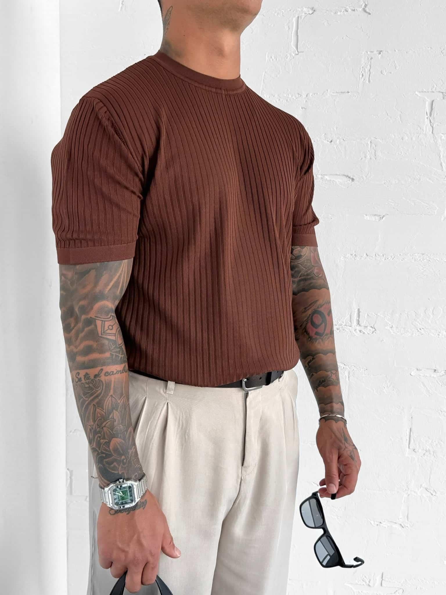 Erkek Slim Fit Fitilli T-Shirt Kahve