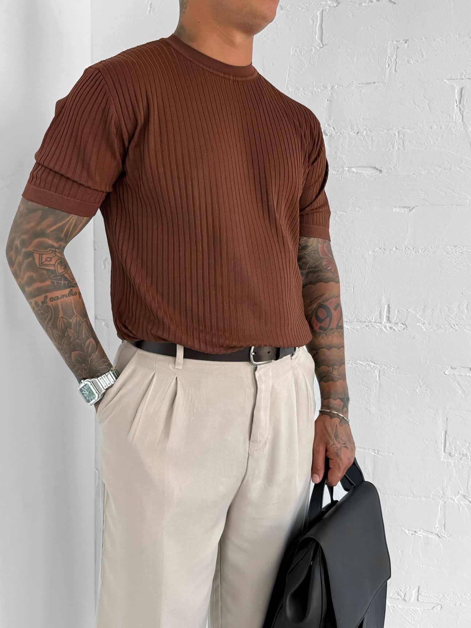 Erkek Slim Fit Fitilli T-Shirt Kahve