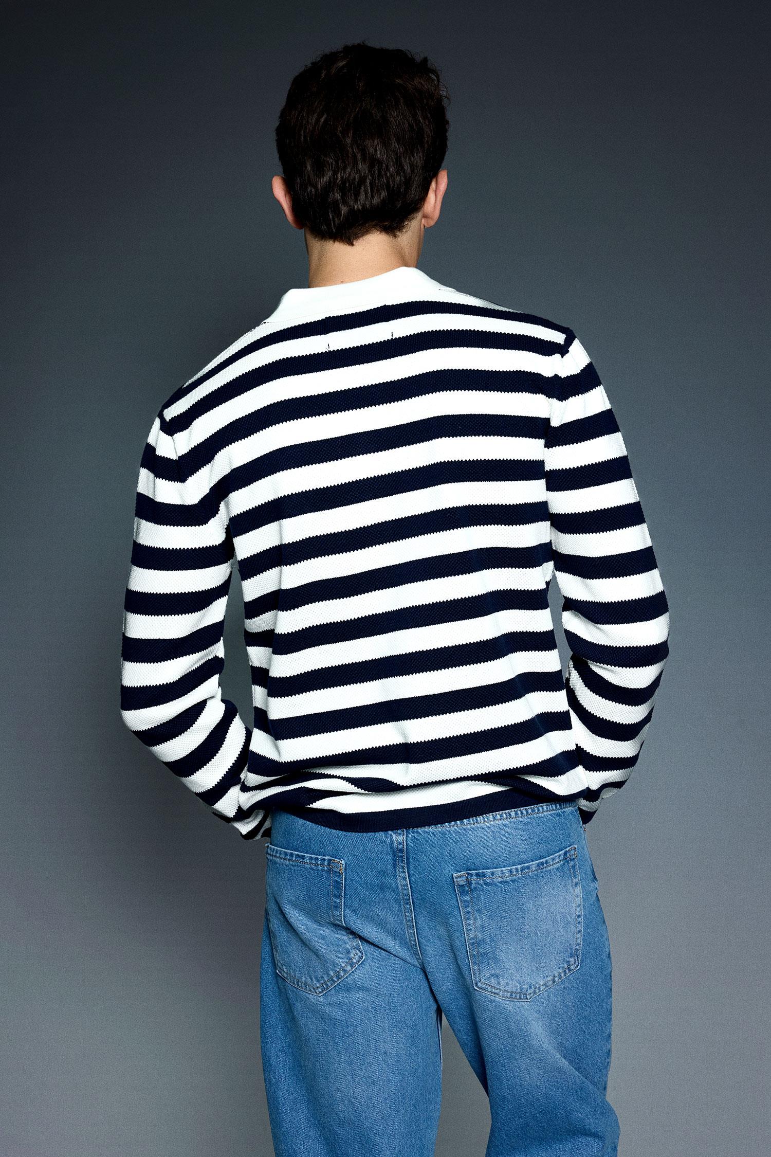 Erkek Slim Fit Polo Yaka Düğmeli Çizgili Kazak Lacivert