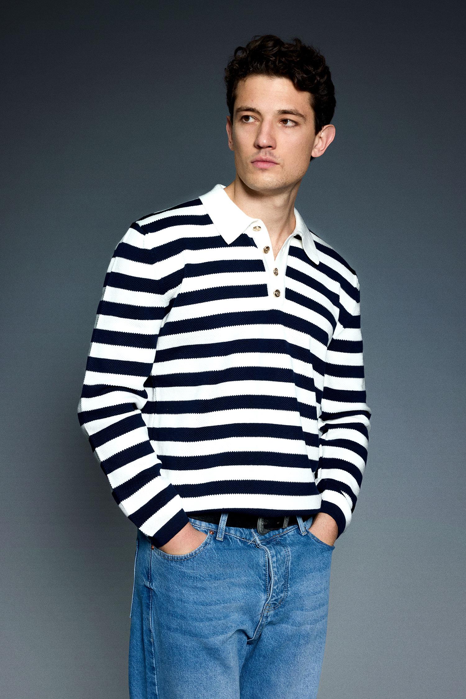 Erkek Slim Fit Polo Yaka Düğmeli Çizgili Kazak Lacivert