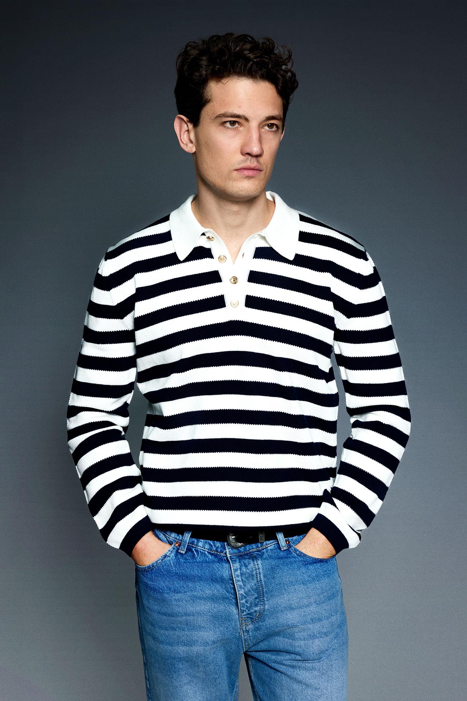 Erkek Slim Fit Polo Yaka Düğmeli Çizgili Kazak Lacivert