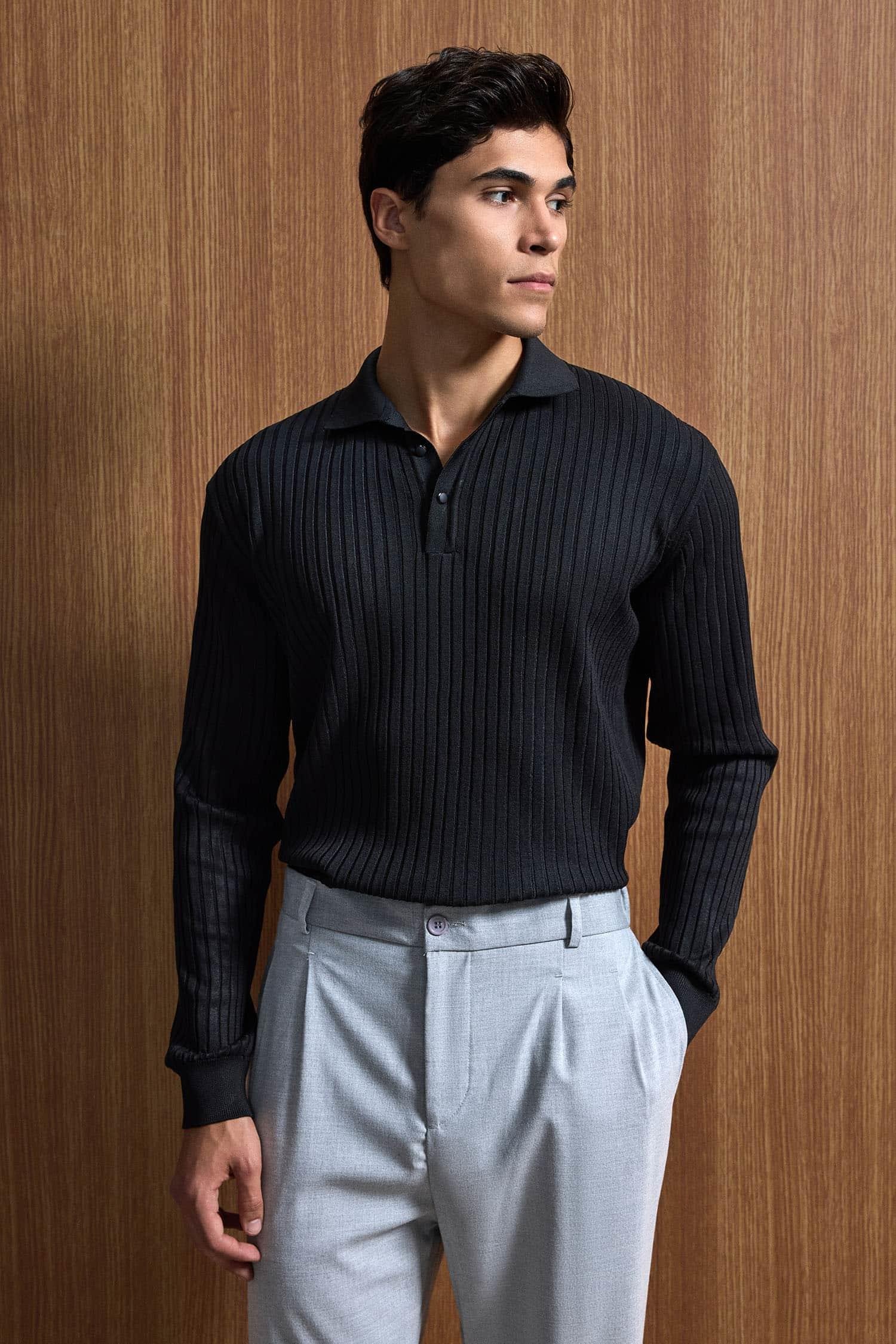 Erkek Slim Fit Polo Yaka Fitilli Örme Triko Kazak Siyah