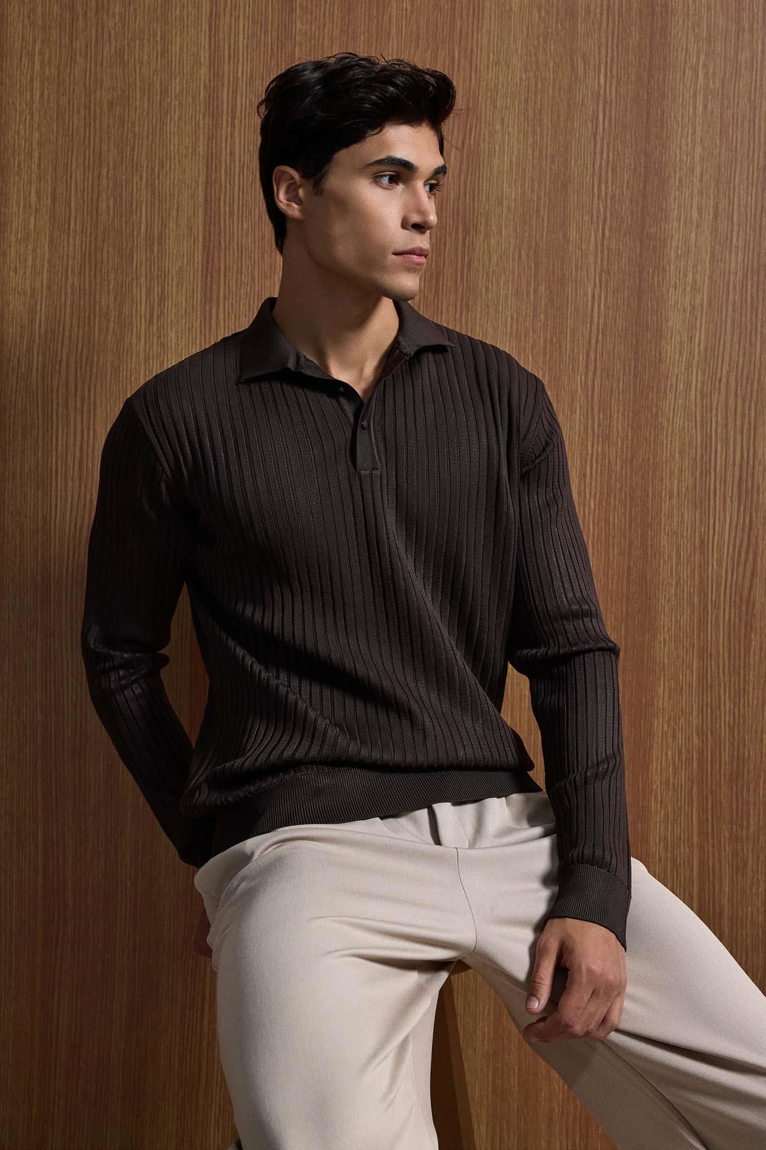 Erkek Slim Fit Polo Yaka Fitilli Örme Triko Kazak Kahverengi