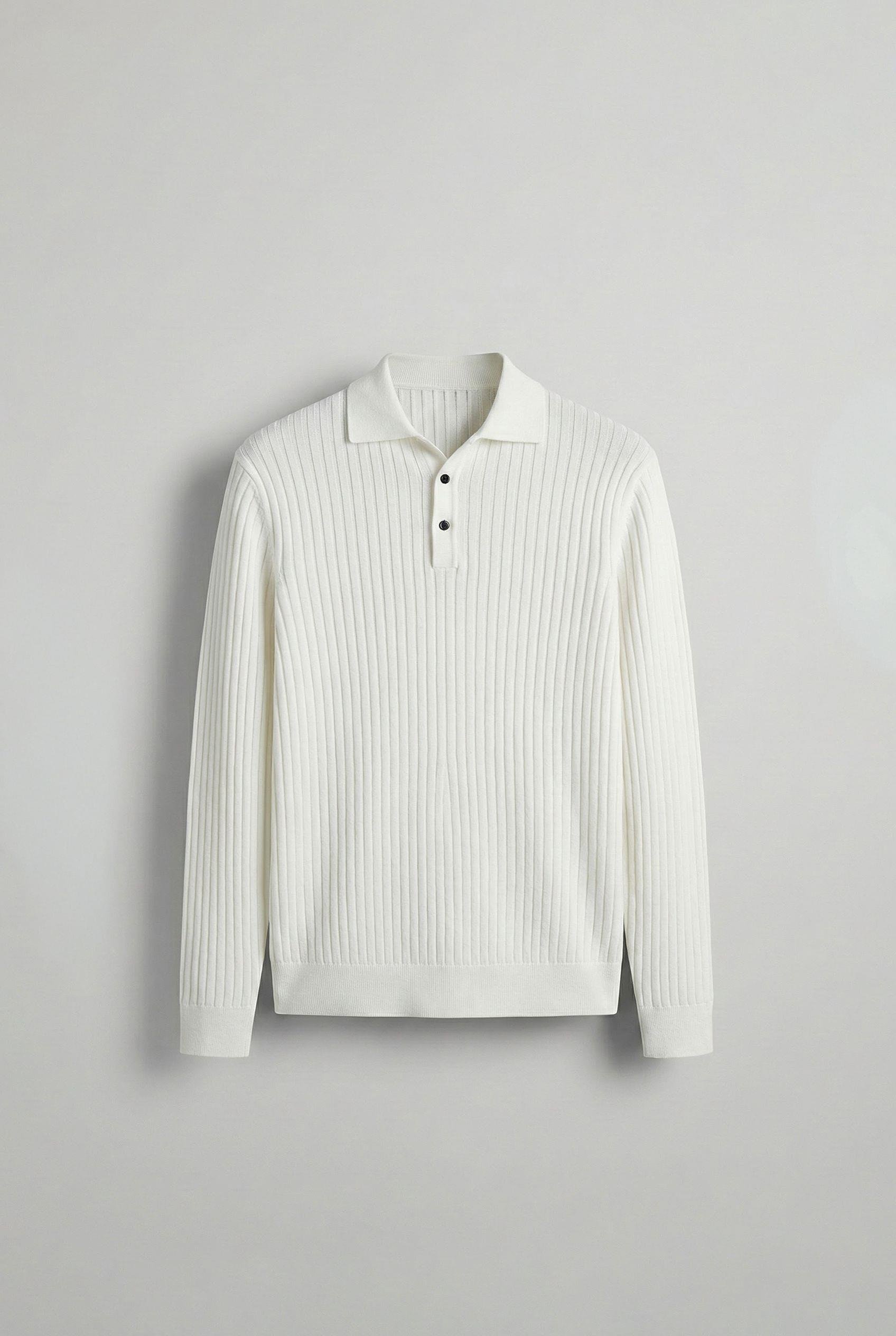 Erkek Slim Fit Polo Yaka Fitilli Örme Triko Kazak Ekru