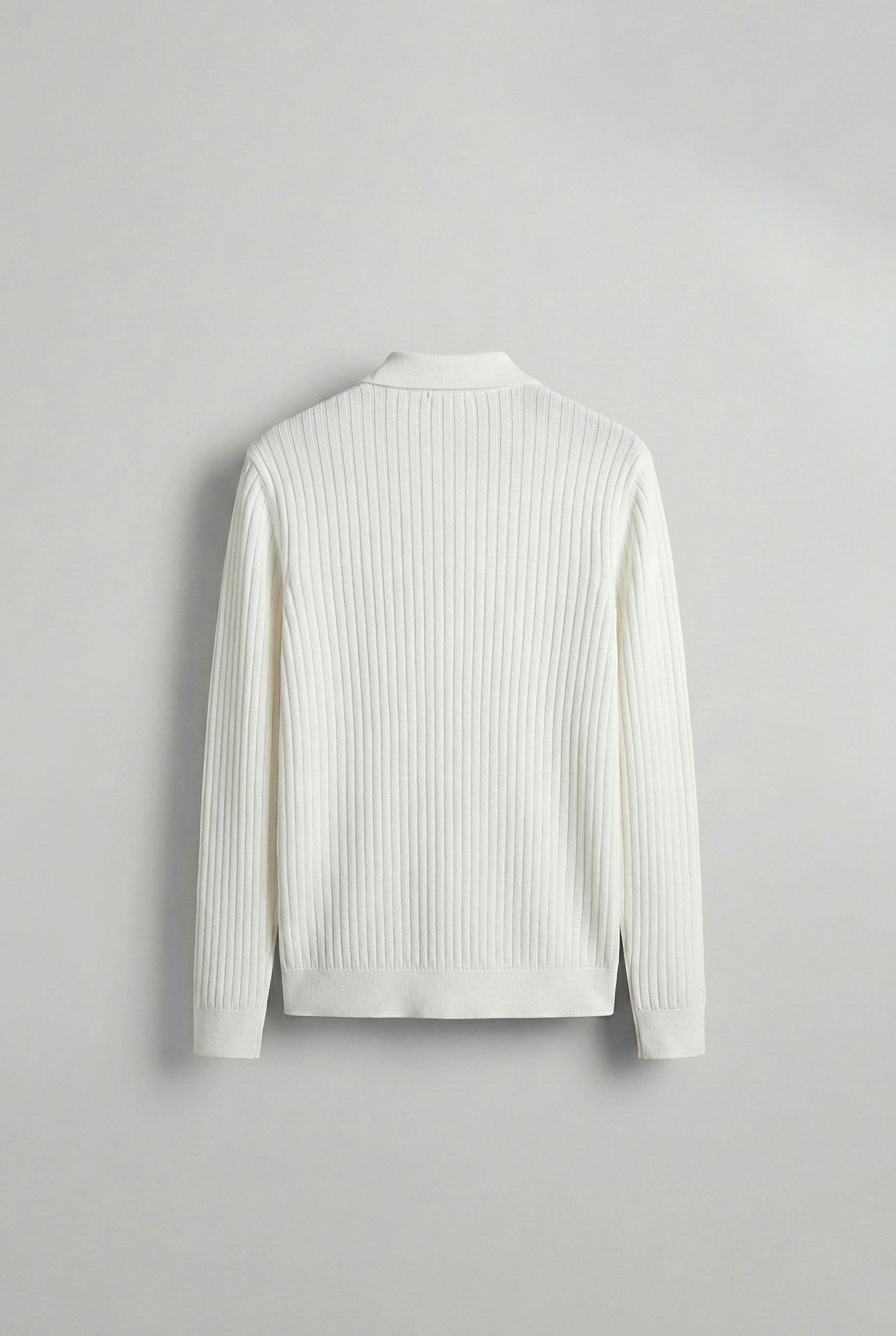 Erkek Slim Fit Polo Yaka Fitilli Örme Triko Kazak Ekru