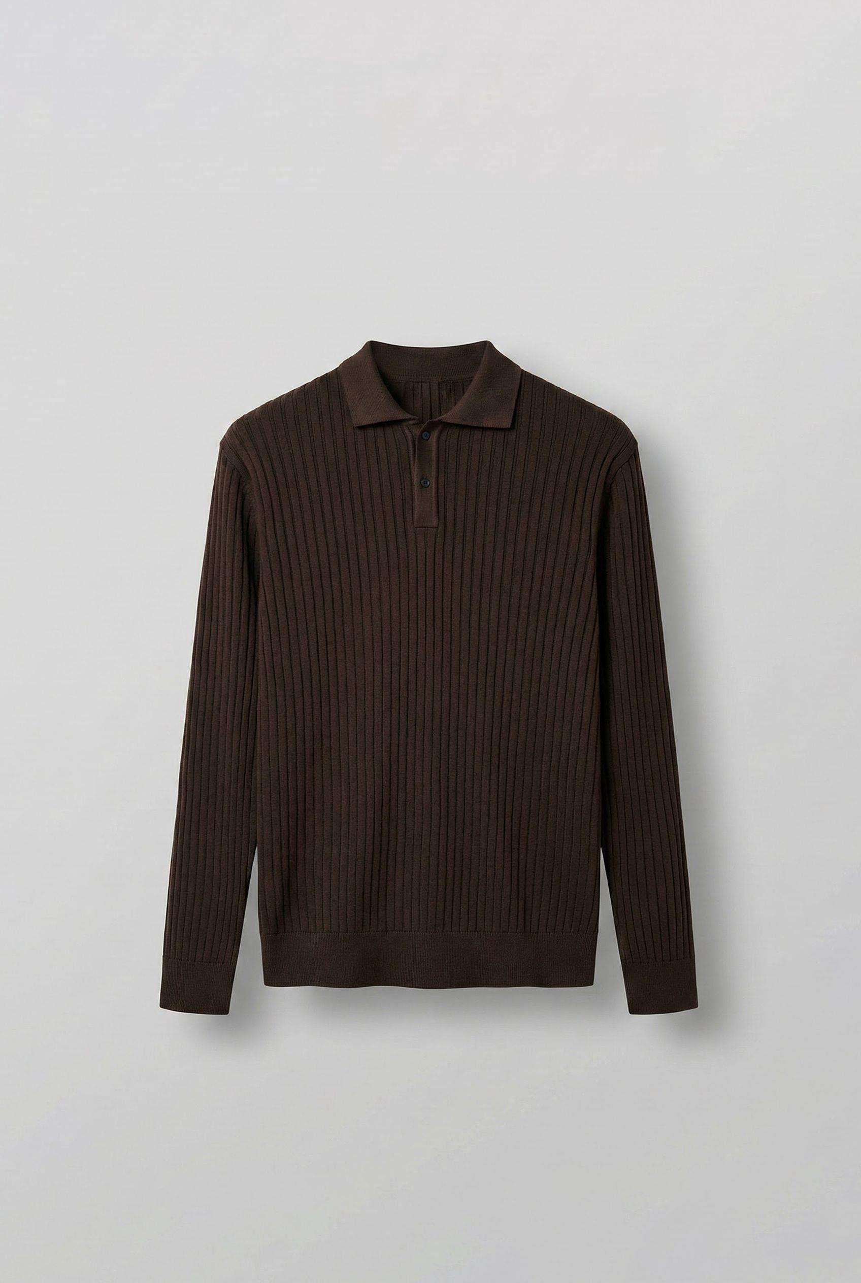 Erkek Slim Fit Polo Yaka Fitilli Örme Triko Kazak Kahverengi