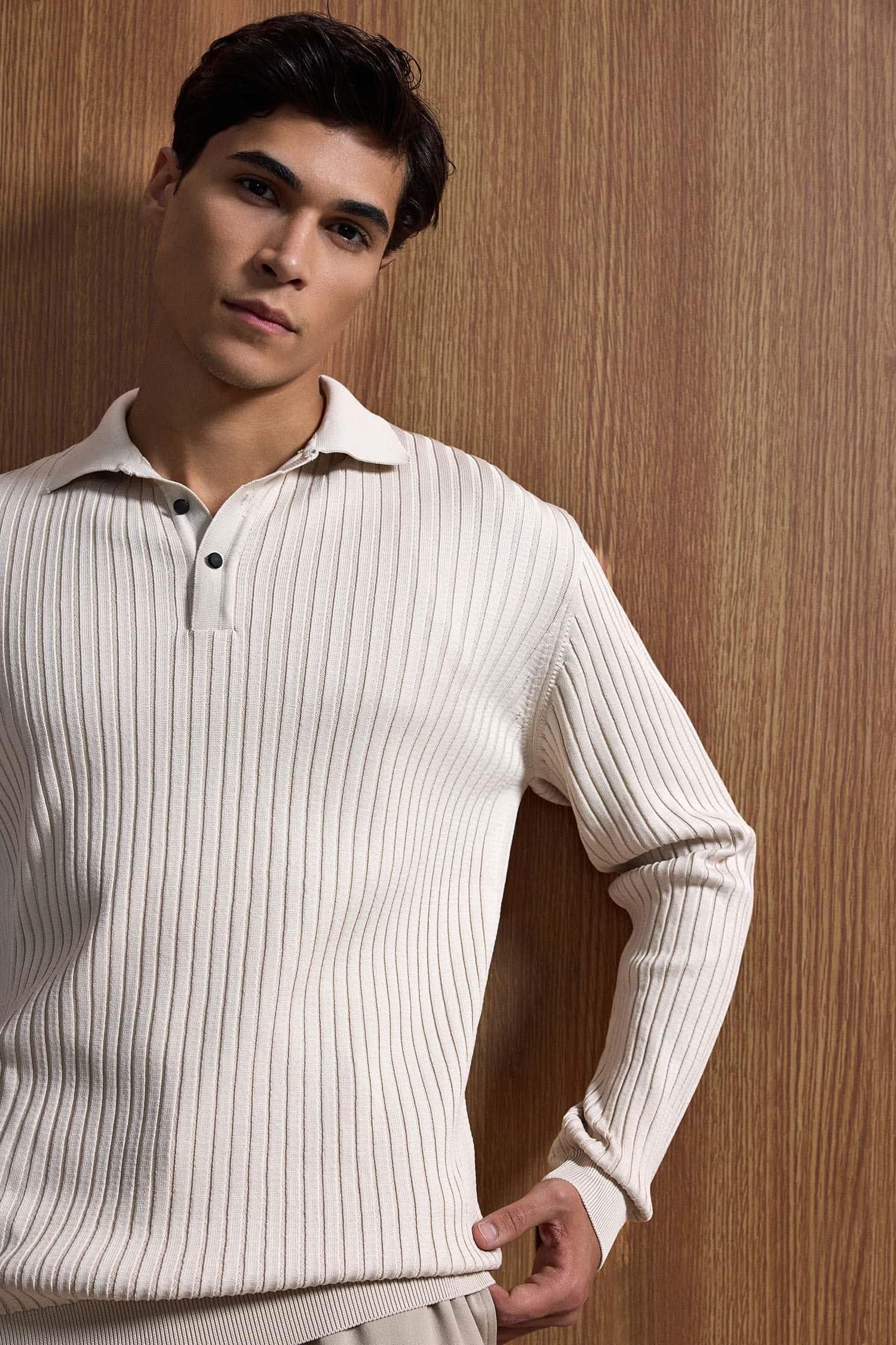 Erkek Slim Fit Polo Yaka Fitilli Örme Triko Kazak Taş Rengi