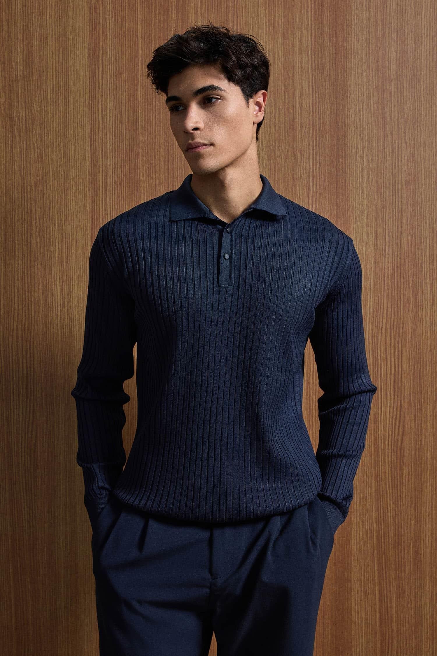 Erkek Slim Fit Polo Yaka Fitilli Örme Triko Kazak Lacivert