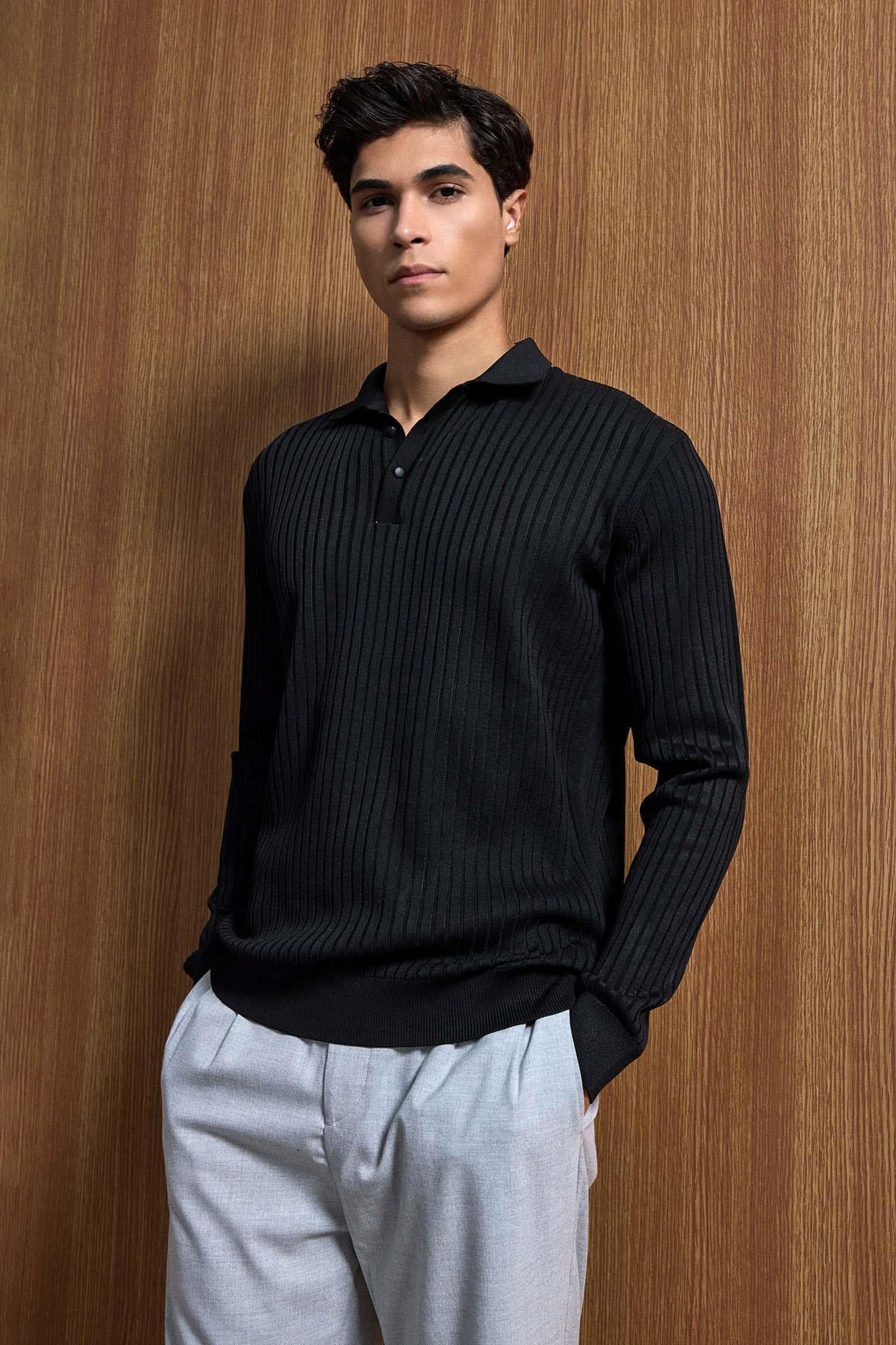 Erkek Slim Fit Polo Yaka Fitilli Örme Triko Kazak Siyah