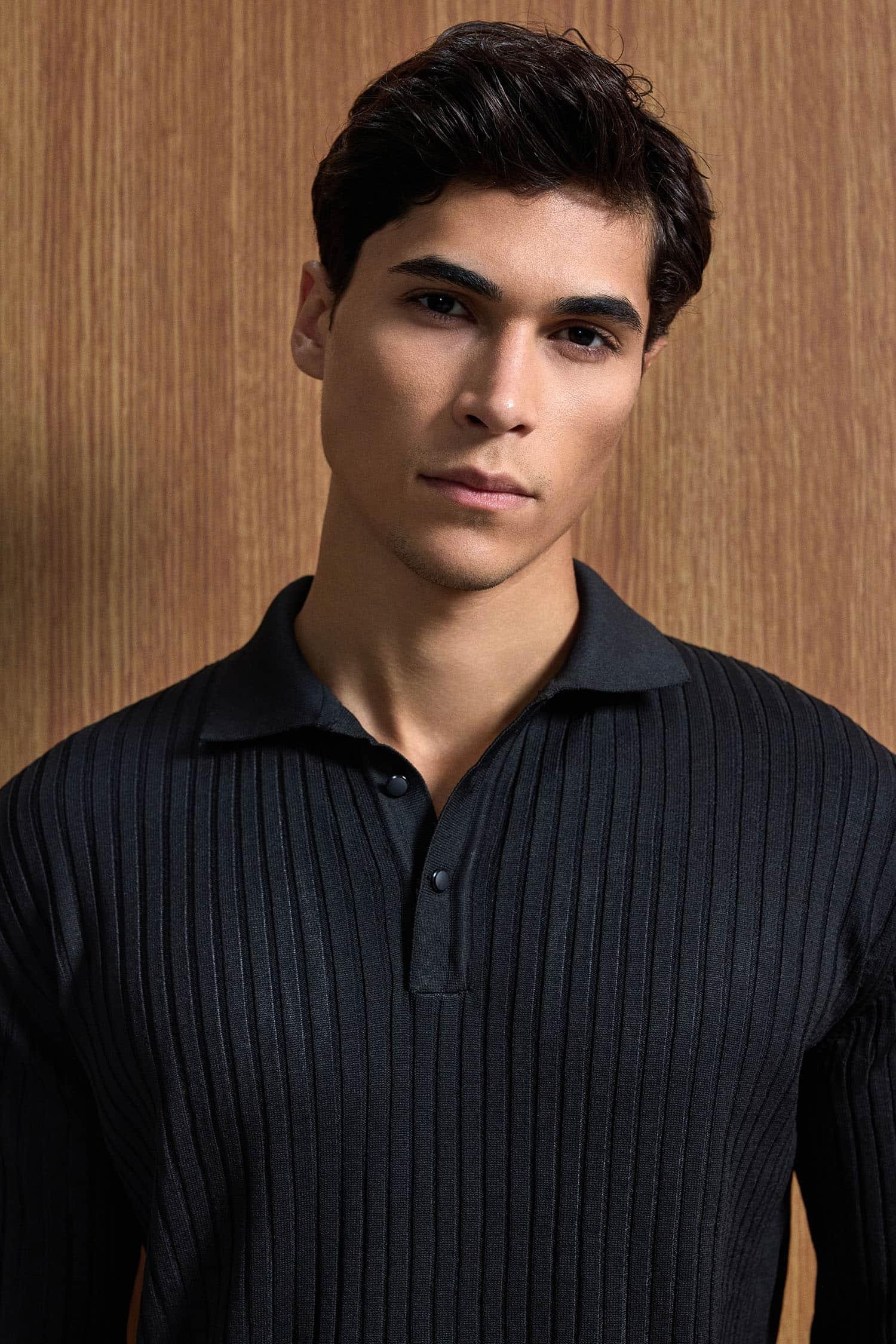 Erkek Slim Fit Polo Yaka Fitilli Örme Triko Kazak Lacivert