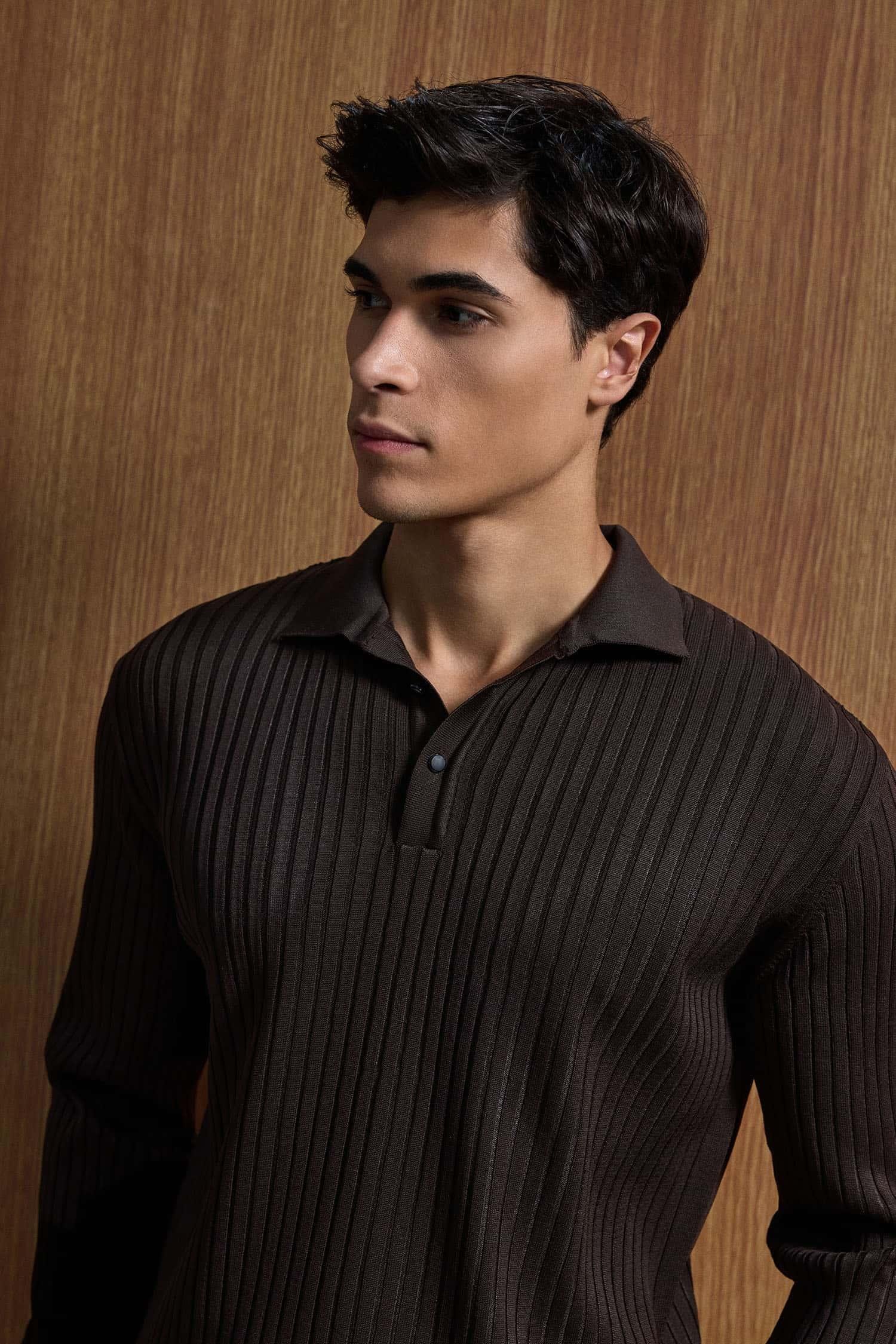 Erkek Slim Fit Polo Yaka Fitilli Örme Triko Kazak Kahverengi