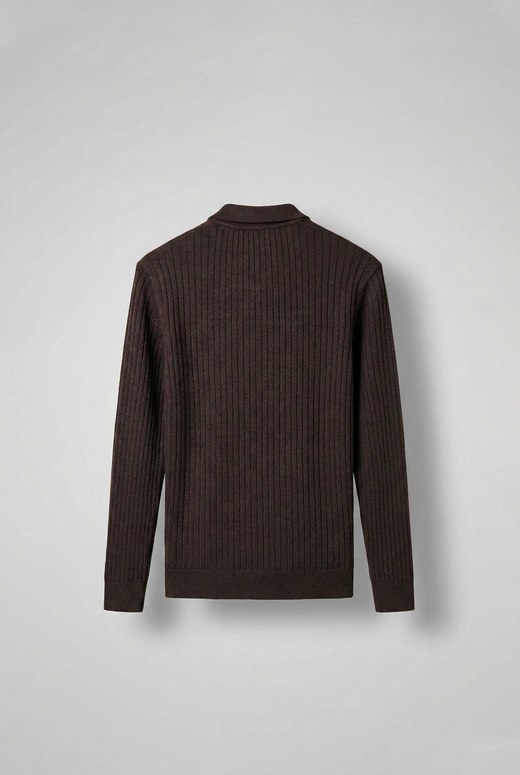 Erkek Slim Fit Polo Yaka Fitilli Örme Triko Kazak Kahverengi