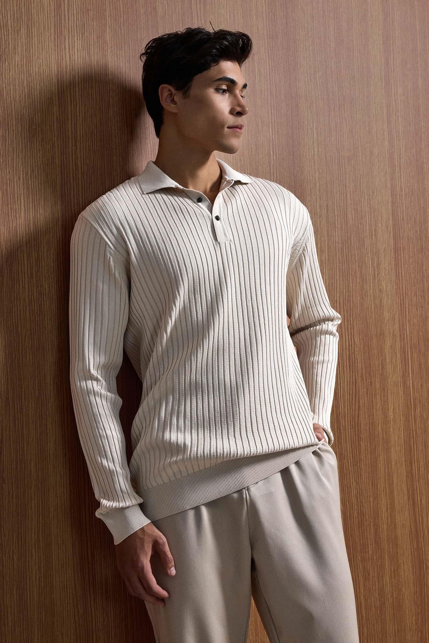 Erkek Slim Fit Polo Yaka Fitilli Örme Triko Kazak Taş Rengi