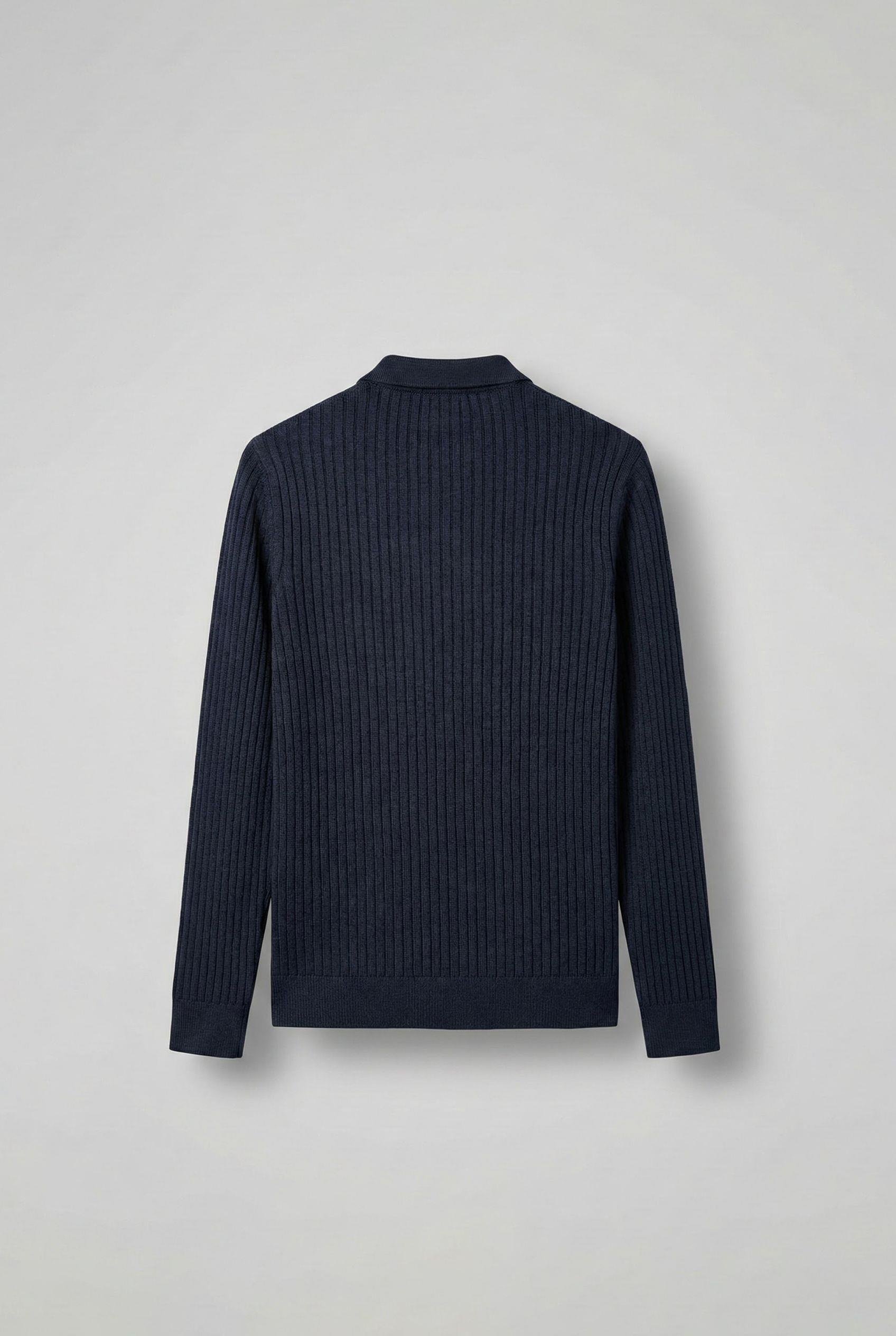 Erkek Slim Fit Polo Yaka Fitilli Örme Triko Kazak Lacivert