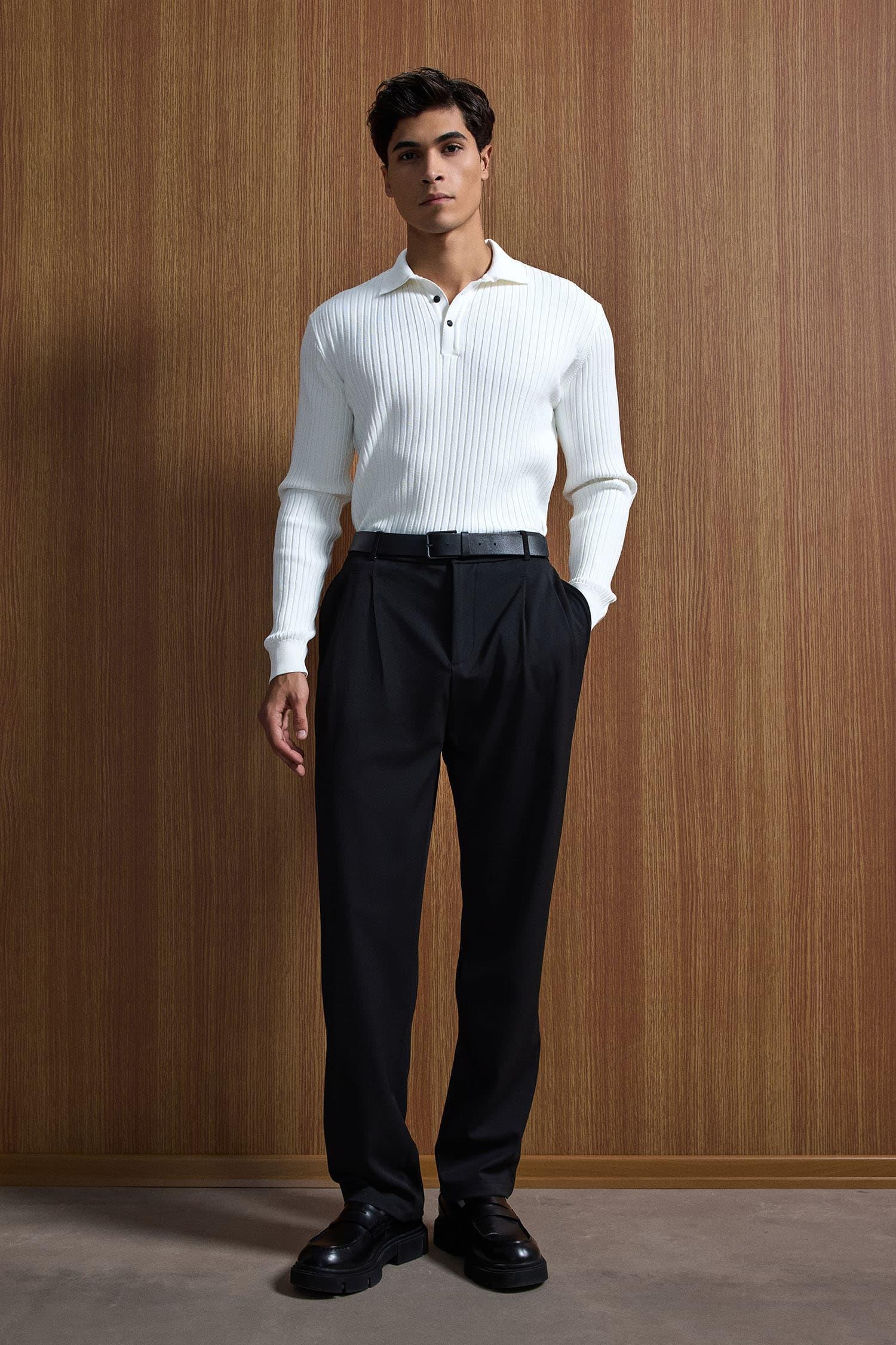 Erkek Slim Fit Polo Yaka Fitilli Örme Triko Kazak Ekru