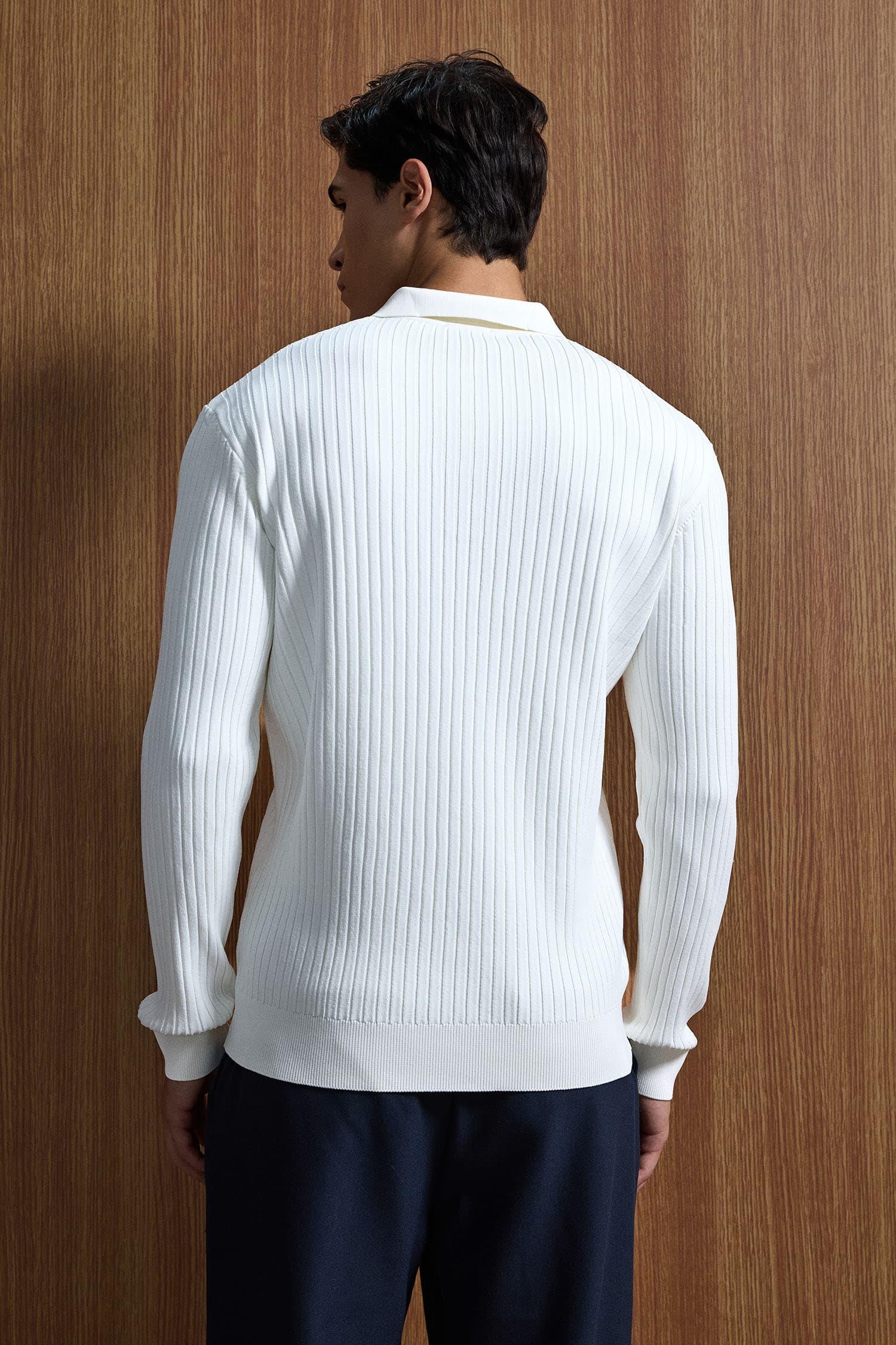 Erkek Slim Fit Polo Yaka Fitilli Örme Triko Kazak Ekru