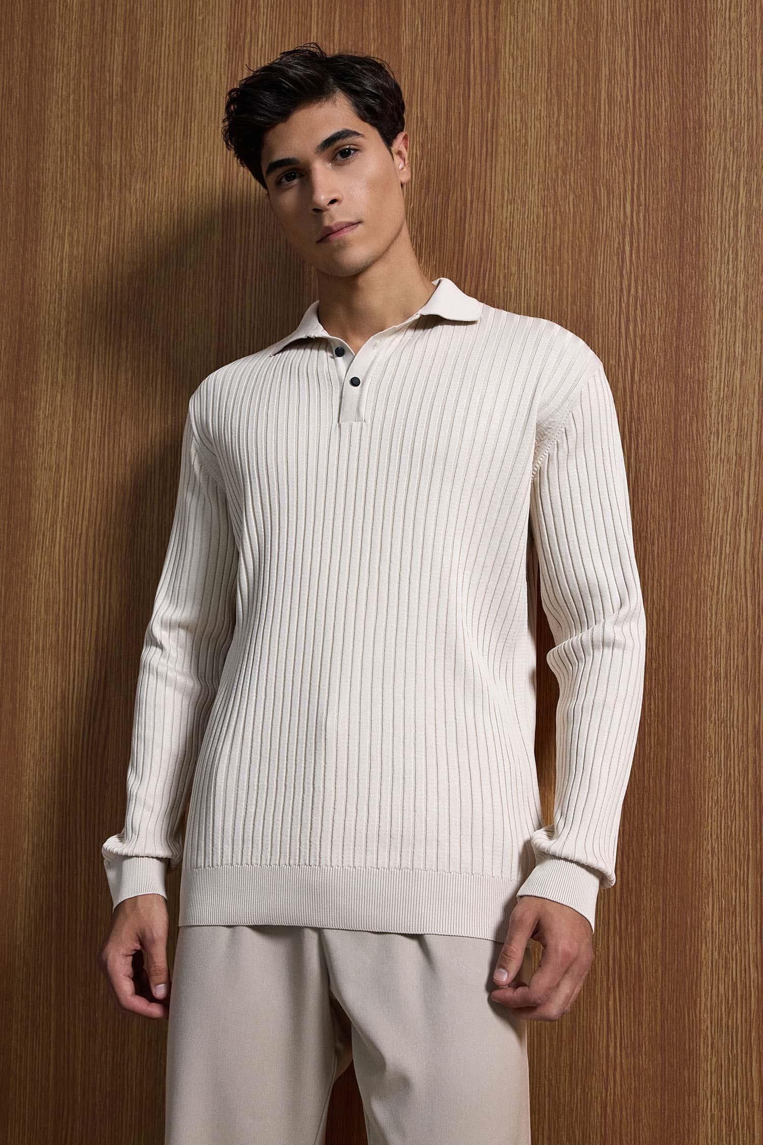 Erkek Slim Fit Polo Yaka Fitilli Örme Triko Kazak Taş Rengi