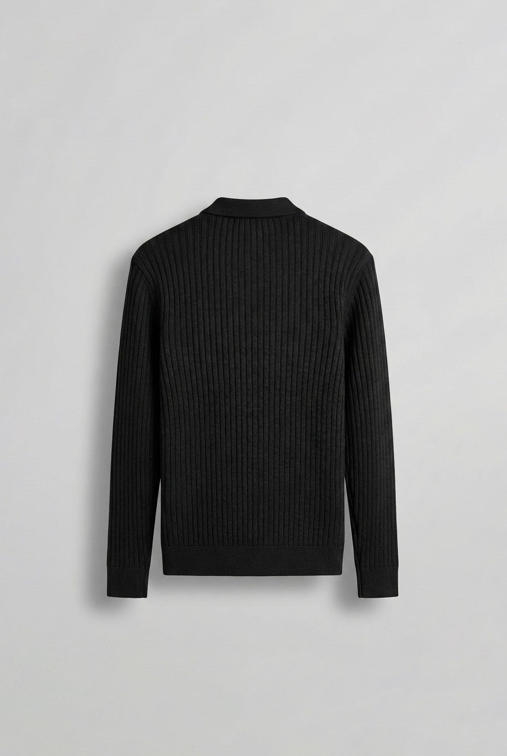 Erkek Slim Fit Polo Yaka Fitilli Örme Triko Kazak Siyah