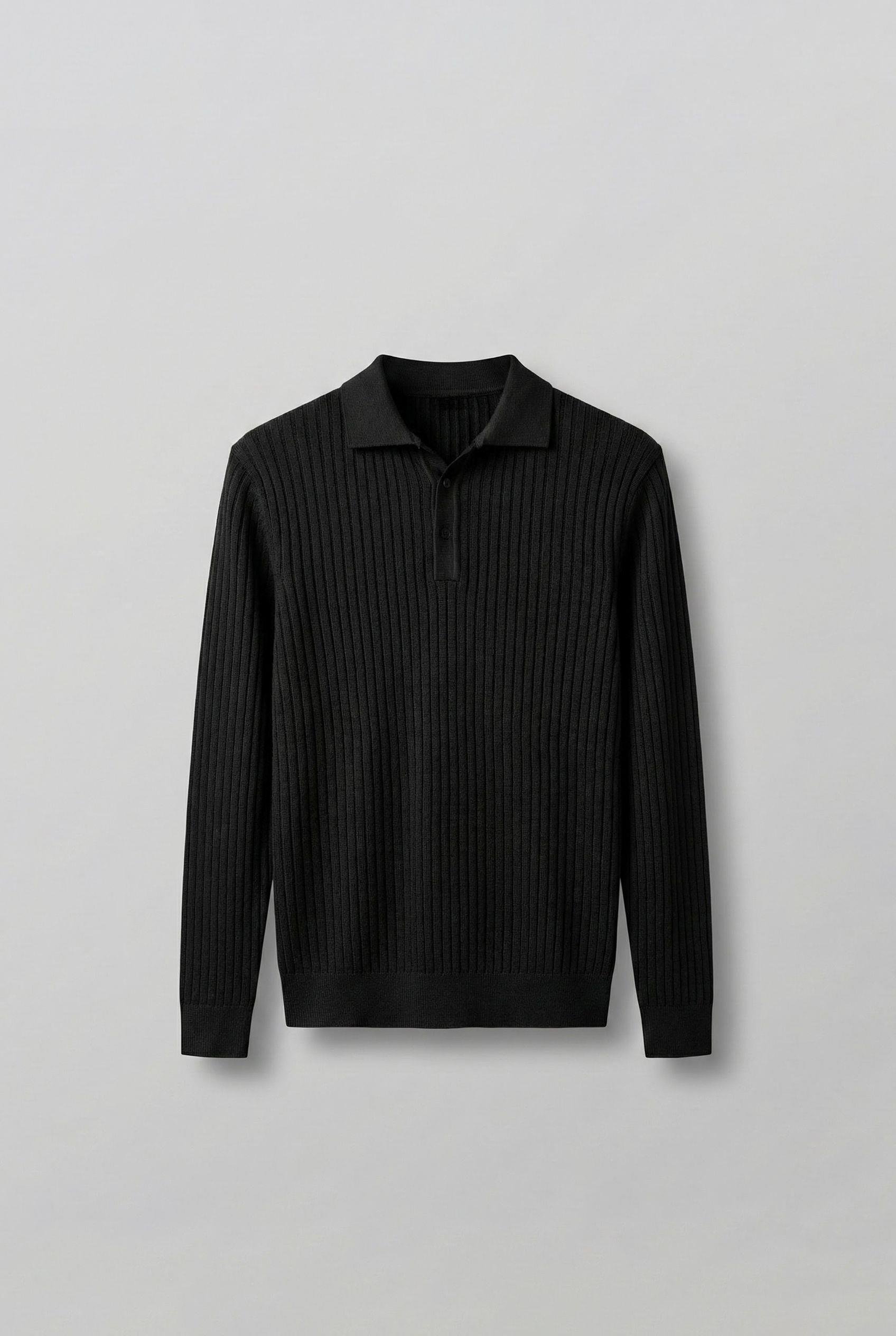 Erkek Slim Fit Polo Yaka Fitilli Örme Triko Kazak Siyah