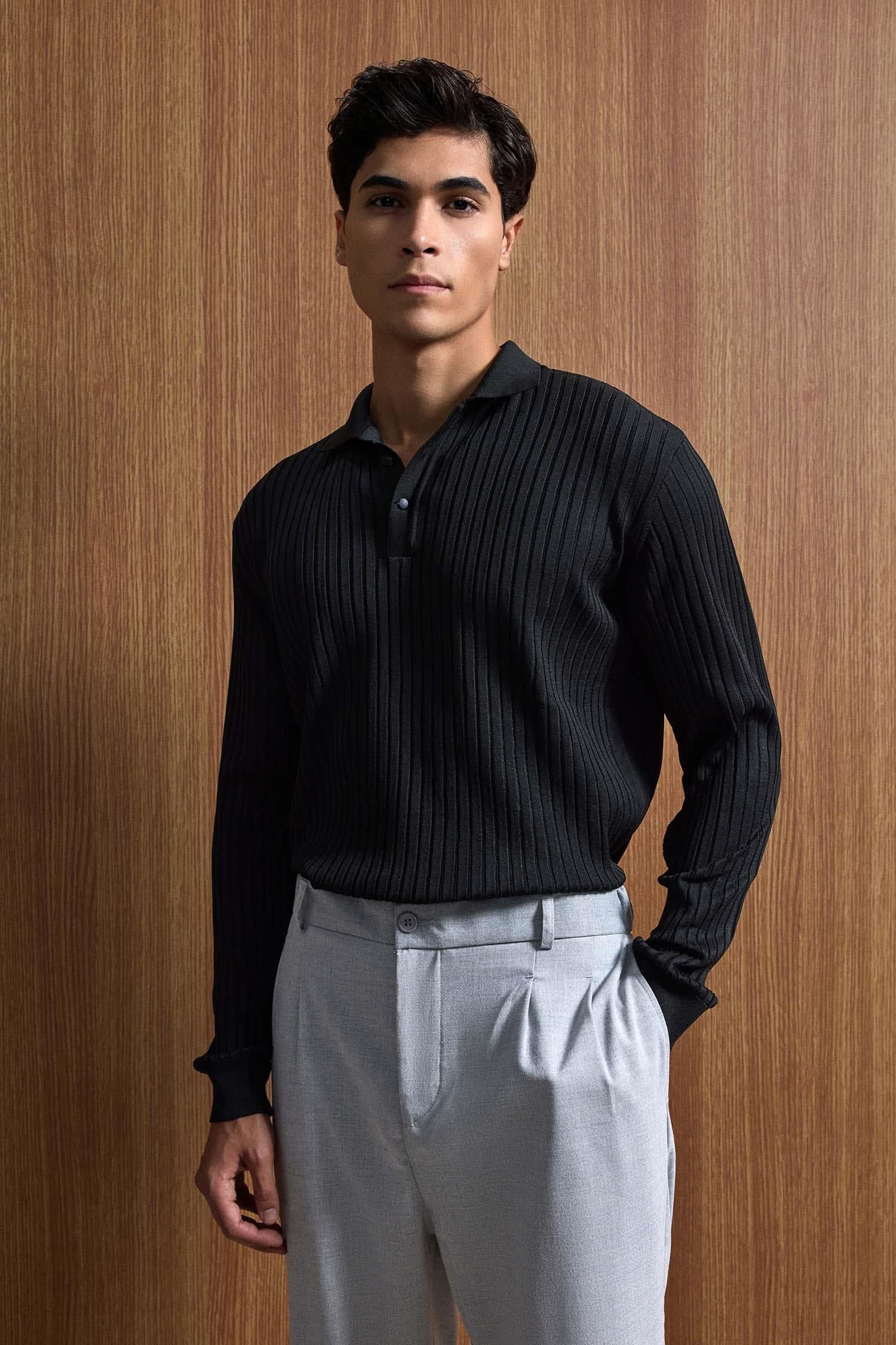 Erkek Slim Fit Polo Yaka Fitilli Örme Triko Kazak Siyah