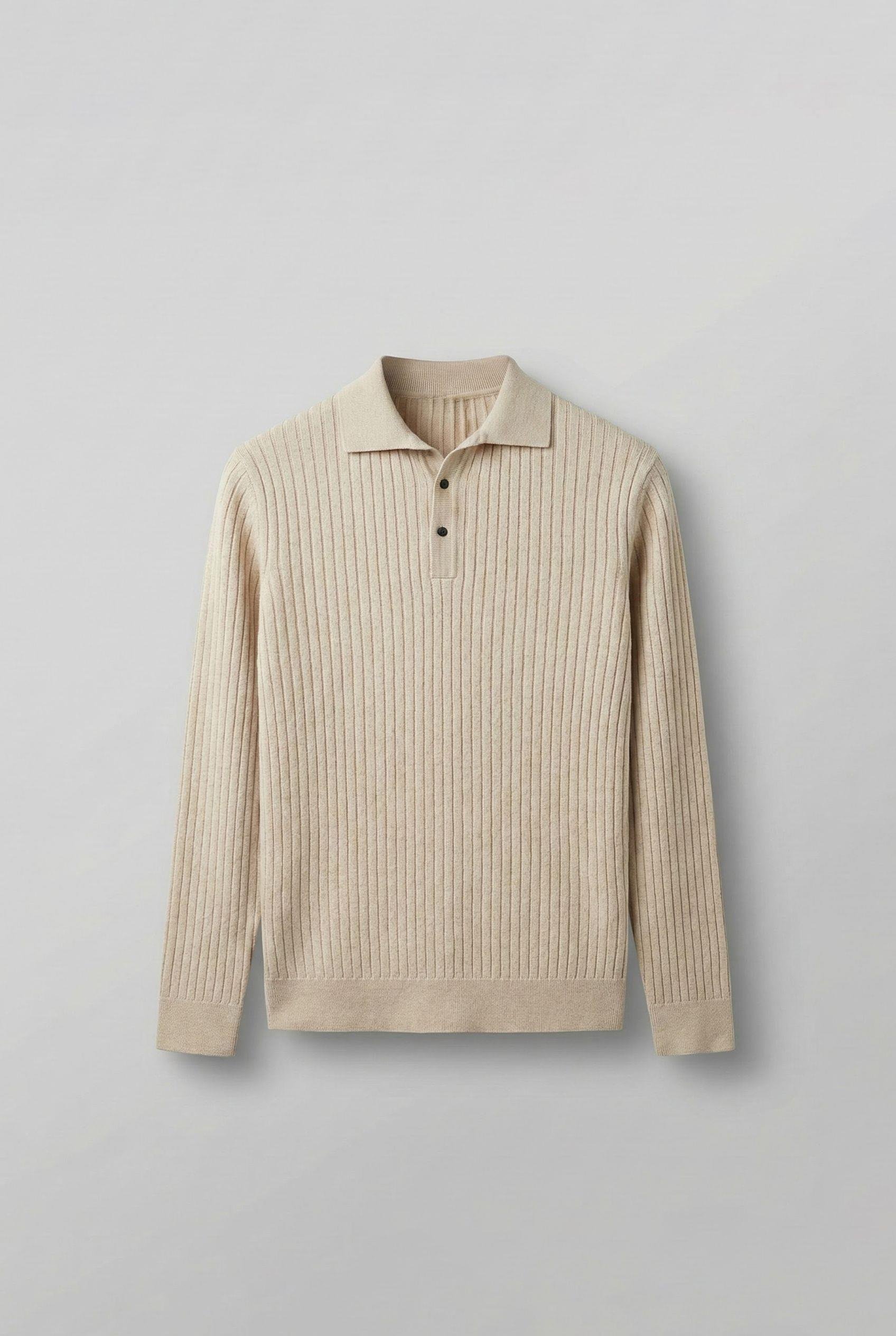 Erkek Slim Fit Polo Yaka Fitilli Örme Triko Kazak Taş Rengi