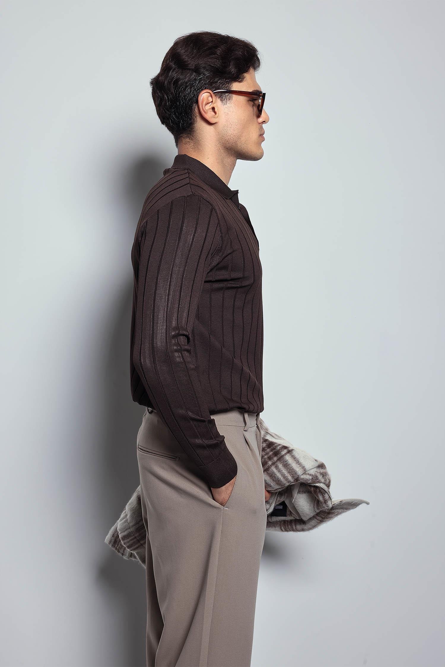 Erkek Slim Fit Premium Kumaş Polo Yaka Düğmeli Kazak Kahverengi