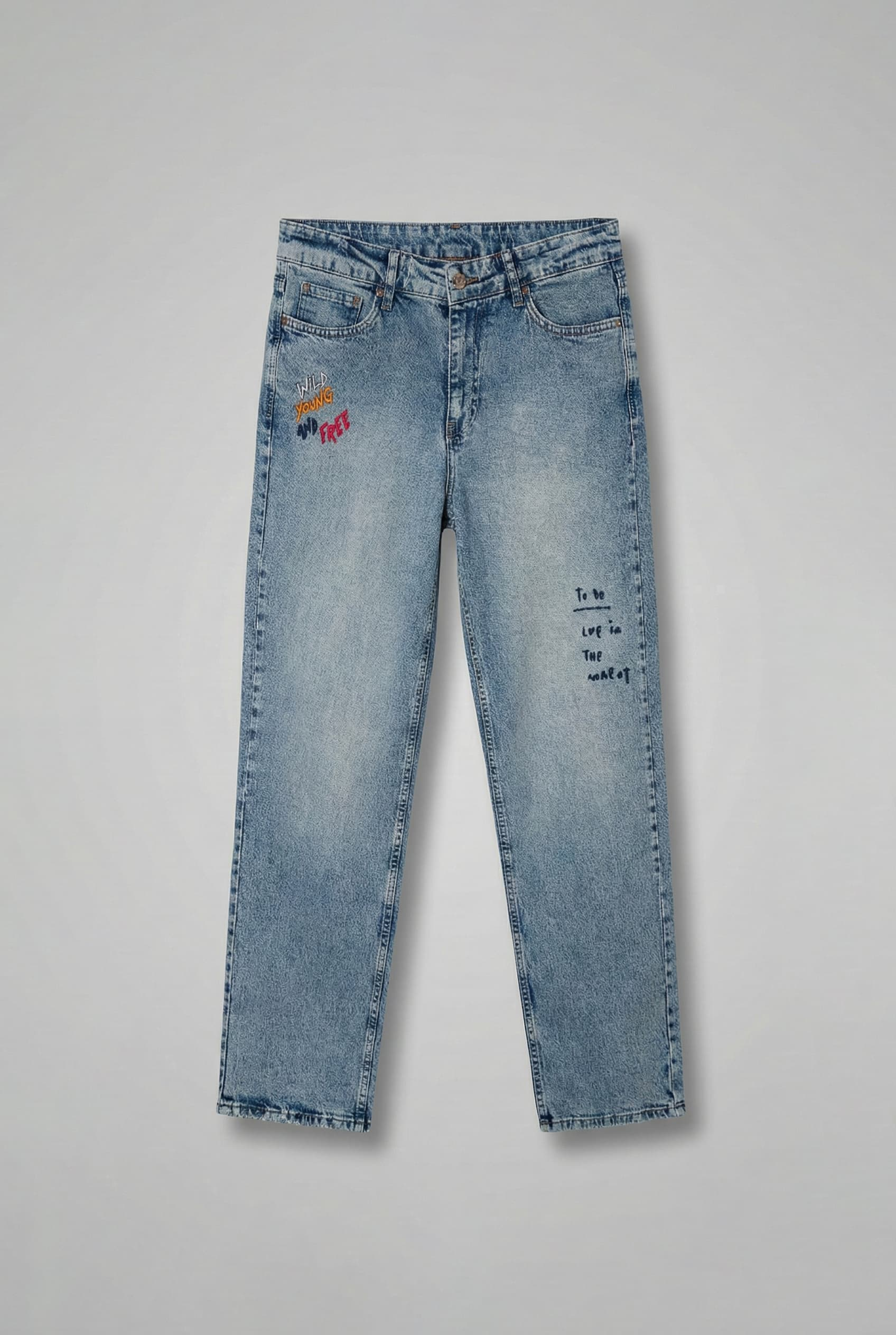 Erkek Slogan İşlemeli Baggy Jean Pantolon Mavi