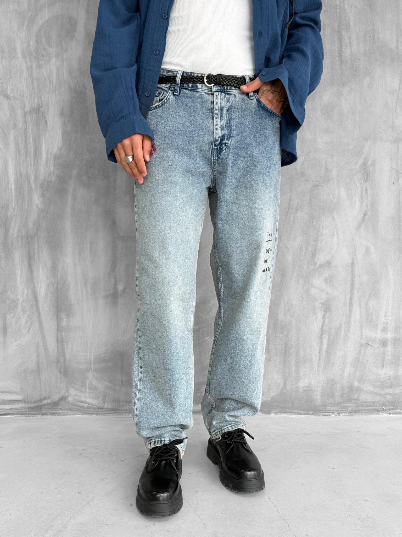 Erkek Slogan İşlemeli Baggy Jean Pantolon Mavi