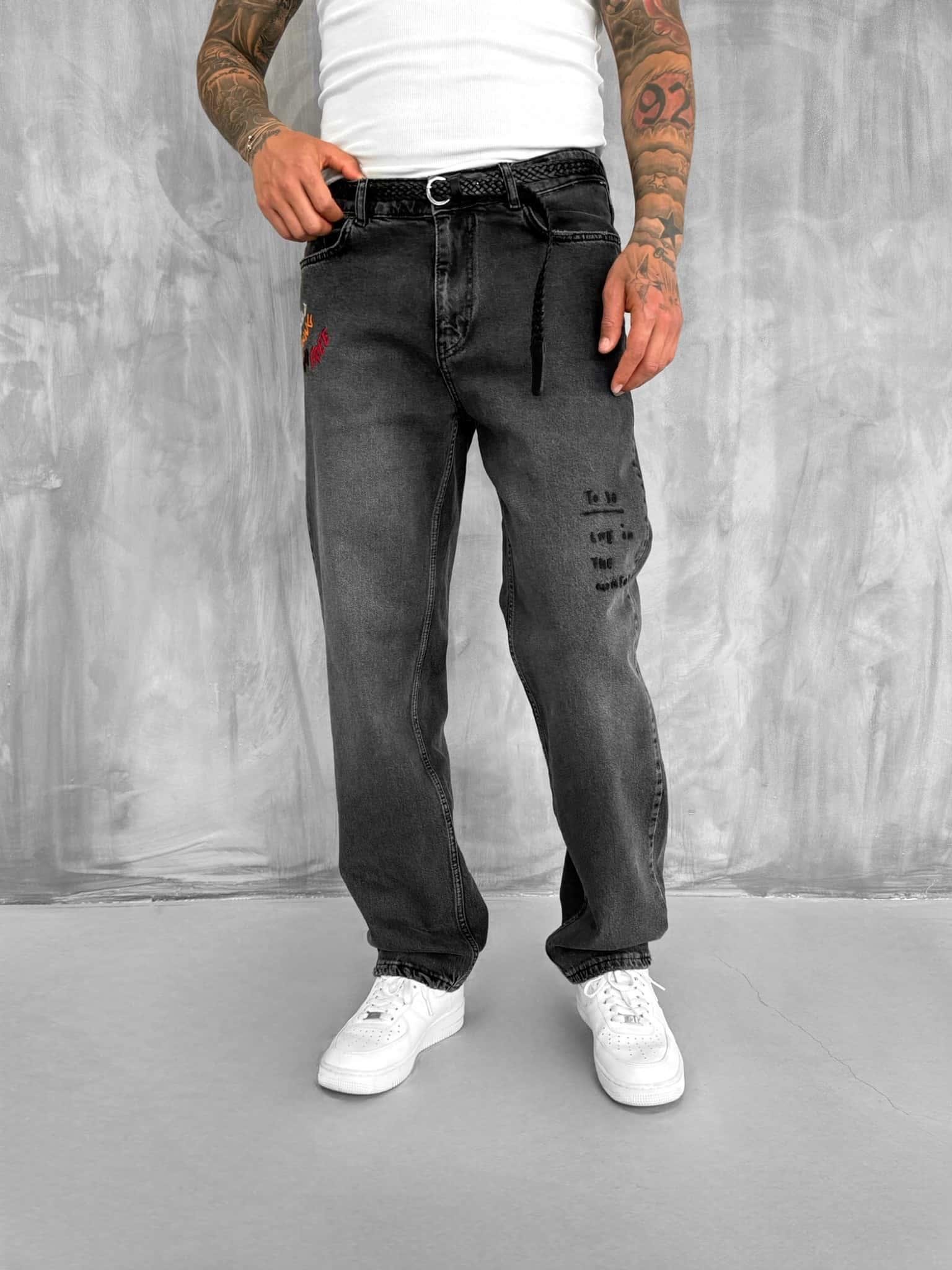 Erkek Slogan İşlemeli Baggy Jean Pantolon Siyah