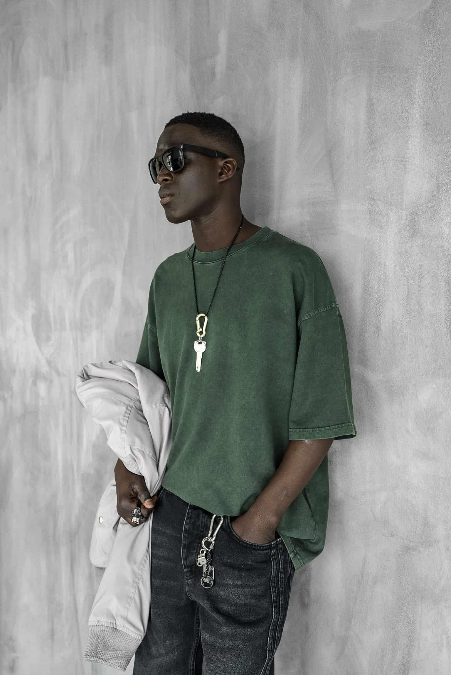 Erkek Slogan İşlemeli Yıkamalı Oversize T-Shirt Yeşil