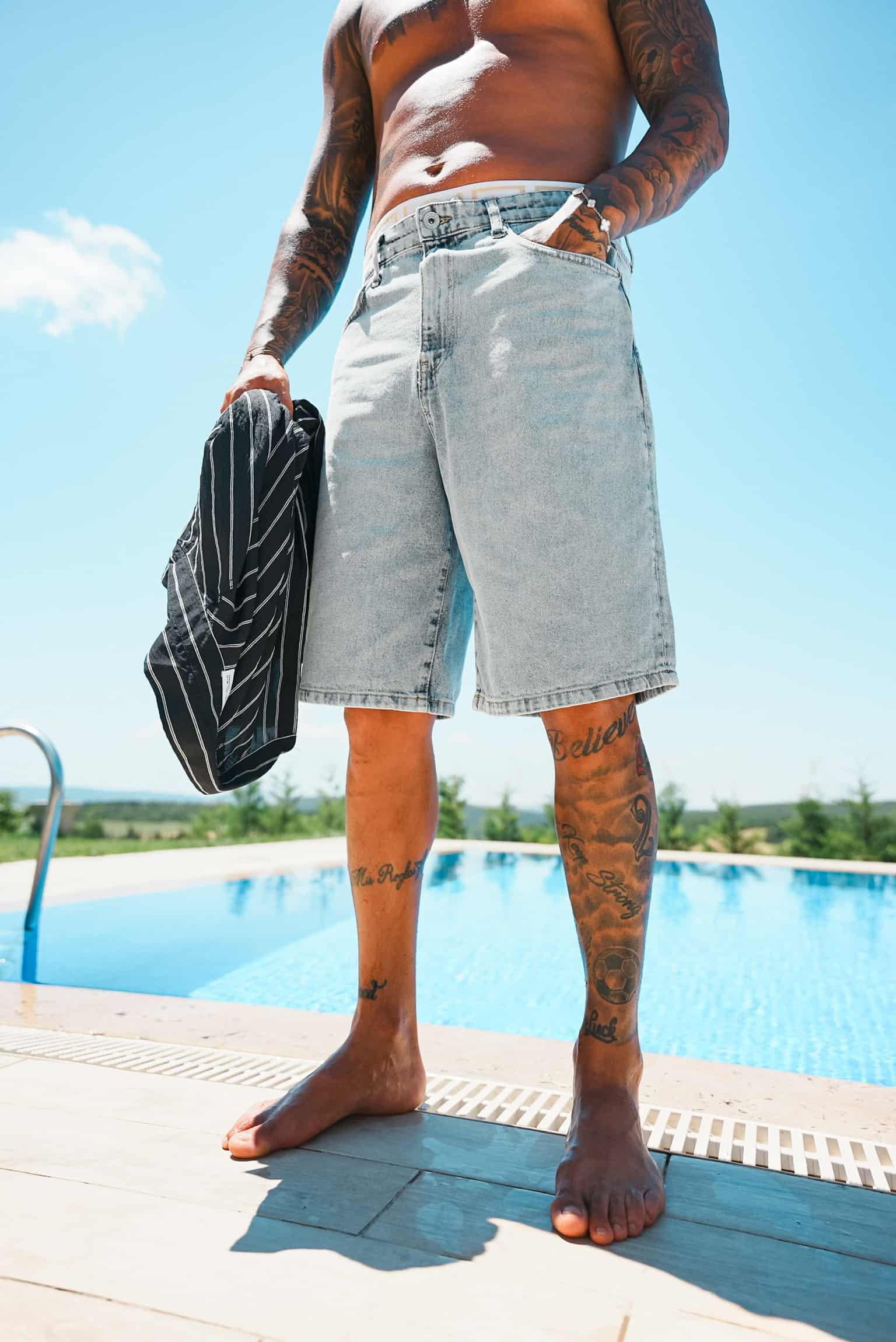 Erkek Süper Baggy Fit Bermuda Jean Şort Açık Mavi