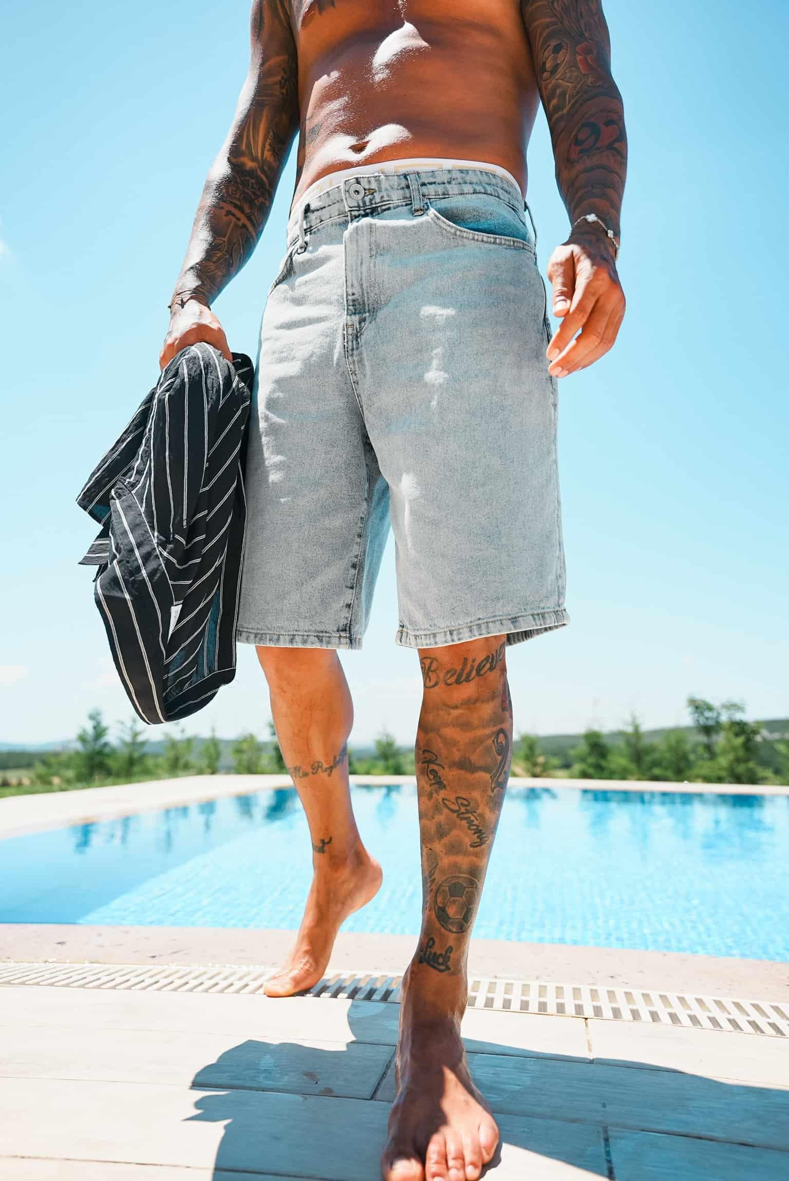 Erkek Süper Baggy Fit Bermuda Jean Şort Açık Mavi